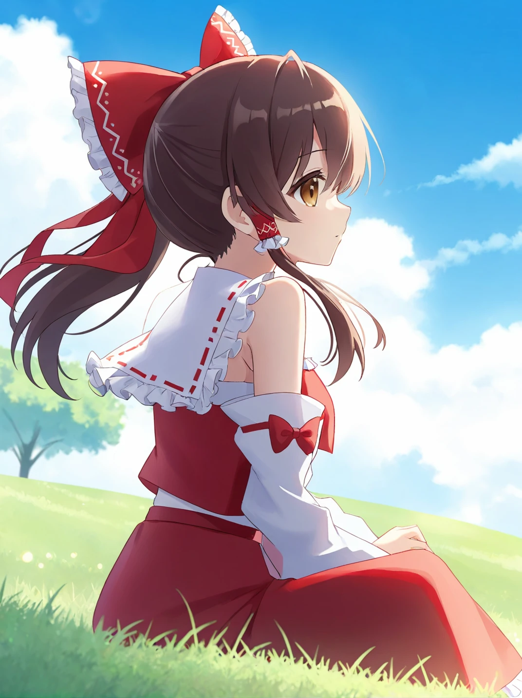 1girl,solo,hakurei reimu,sitting,brown eyes,ribbon-trimmed detached wide sleeves,bangs,sky,blue sky,bare shoulders,grass,cloud,light,big hair frilled bow,frilled hair tubes,shawl tops,red skirt,from side,<lora:Hakurei reimu-SDXL-lora-2024.10.25-version1:0.5>,hands down,