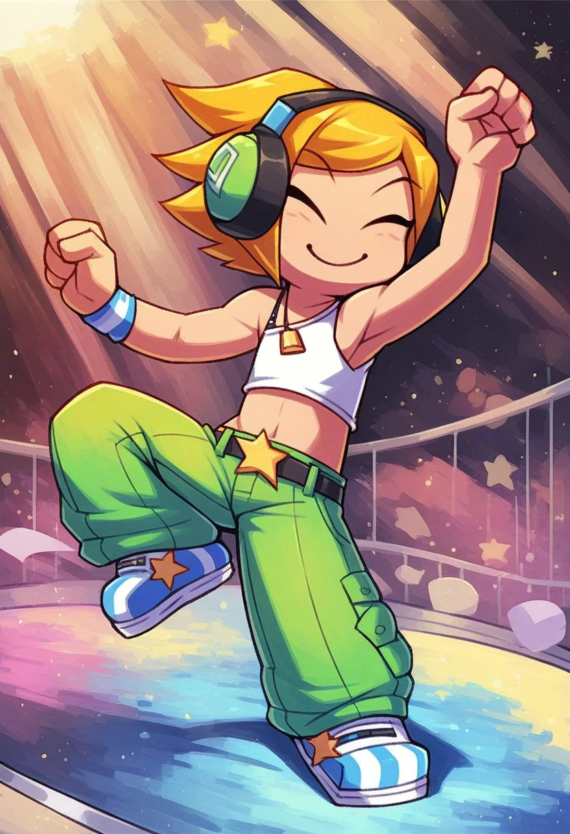 score_9_up, score_8_up. score_7_up, score_6_up, 1girl, solo, DJCandy_MySims, short blonde hair, eyes closed, smile, headphones, bikini top, baggy green pants, belt, wristband, striped footwear, adult, (dancing), (painted art), (at a disco)