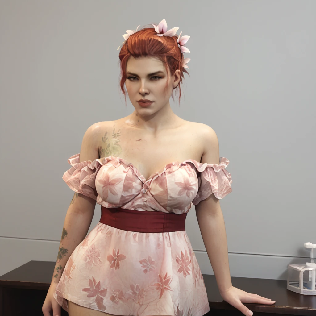 <lora:poisonivyarkhamknight_pony_v3:0.75> PoisonIvyArkhamKnight, 1girl, flower, short hair, cowboy shot <lora:floral_offshoulder_dress_v1.1-pony:1> off shoulder dress, floral print