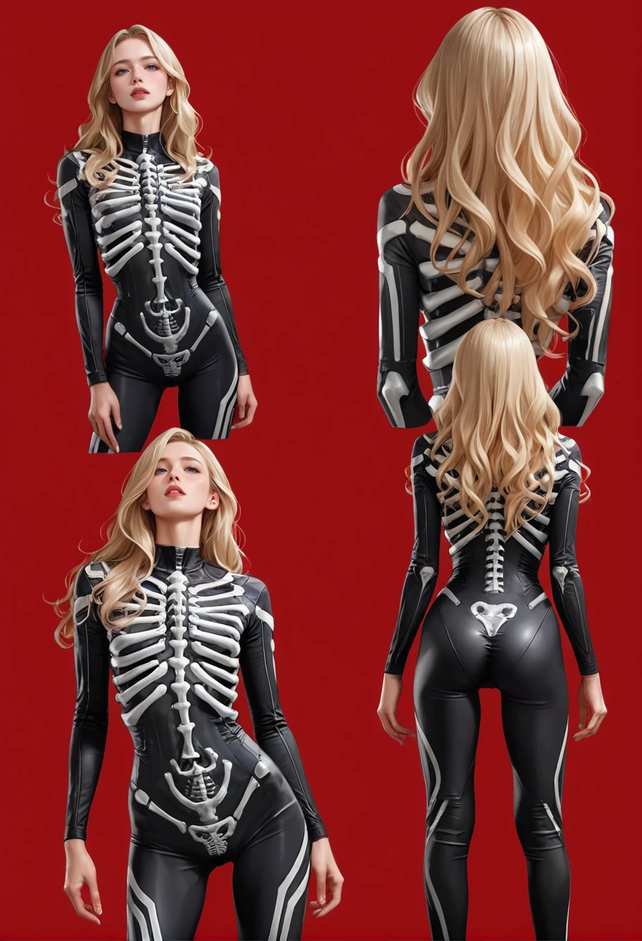 1girl,red background,,ruanyi1917,bodysuit,skeleton,ribs,multiple views,ass,fellatio,vaginal,<lora:1917 skeleton jumpsuit_v1_pony:1>, score_9,score_8_up,score_7_up,,8k,1girl,solo,,, blonde hair,long hair,wavy hair,