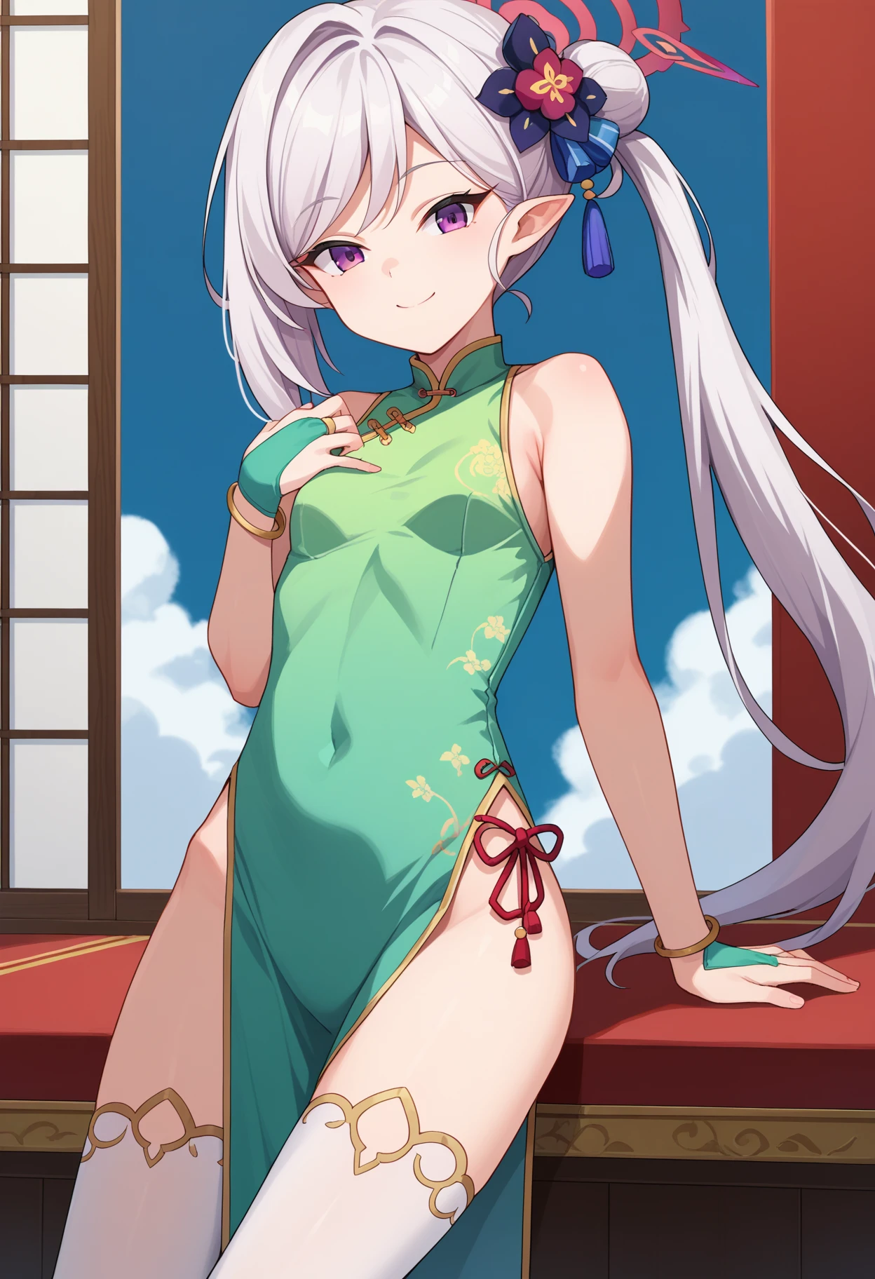 score_9, score_8_up, score_7_up, source_anime,
BREAK
1girl, solo, 
<lora:shiMutsukiTrainingV1:1.0>, 
shimutsukimahjong, alternate costume, long hair, purple eyes, white hair, side ponytail, pointy ears, halo, hair ornament,  hair flower,
ribbon, jewelry, sleeveless, bracelet,
china dress, pelvic curtain, bridal gauntlets, green dress, white thighhighs,
looking at viewer, smile,