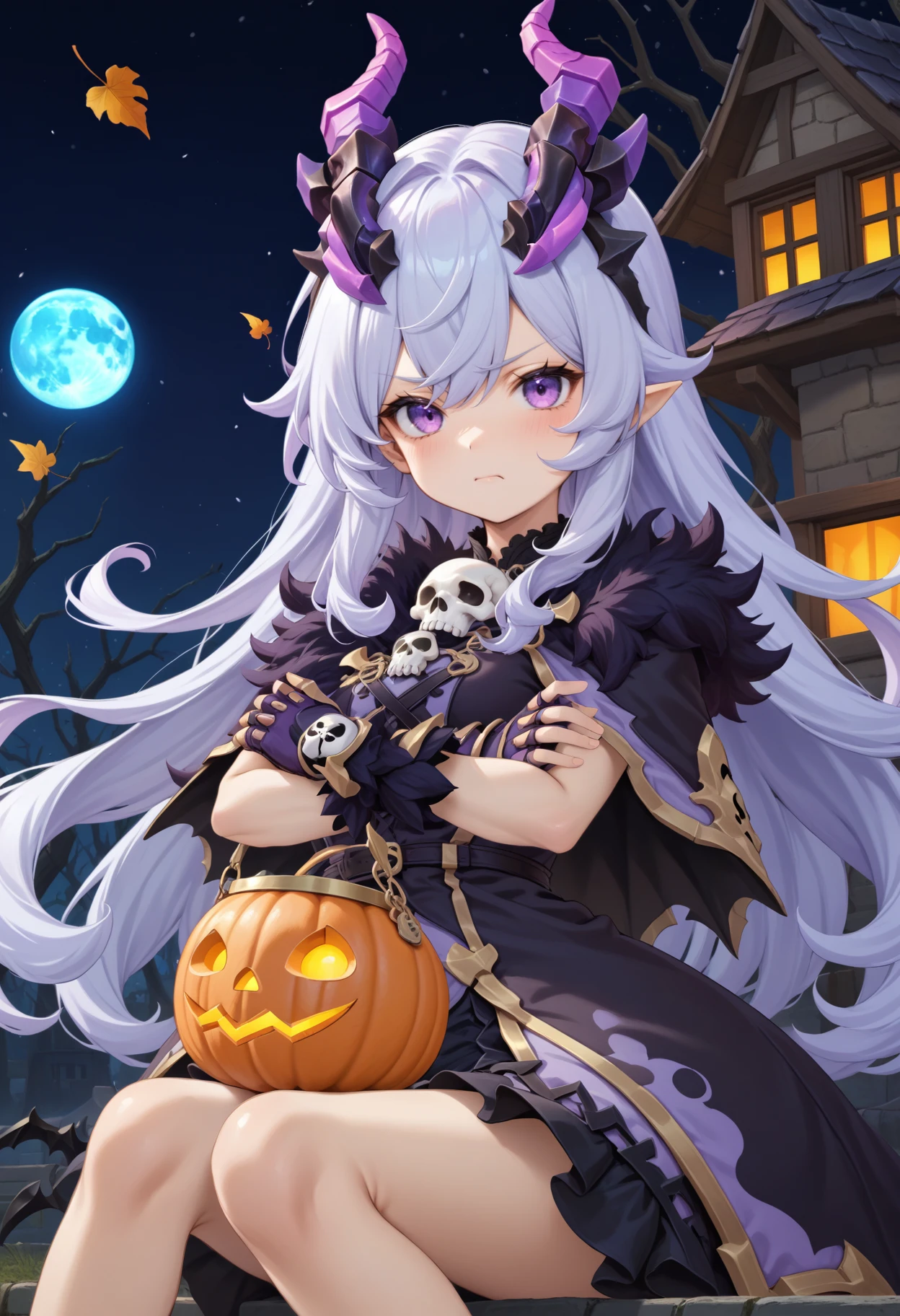 masterpiece, best quality, very aesthetic, absurdres, rom_hela_xl,
1girl, purple hair, horns, purple eyes, grumpy, skull, fingerless gloves, 
sitting, crossed arms, haunted house, withered trees, bats, halloween bucket, pumpkin,
outdoors, moon, (wind, falling leaves, light particles:1.4), light rays, tyndall effect, vivid colors, tranquil and magical atmosphere,
shiny skin, beautiful face, beautiful eyes, extreme detailed, official art, professional illustration, hires,
<lora:rom_hela_xl:1>, <lora:aesthetic_anime_v1s:0.5>, <lora:add_details_xl:0.5>