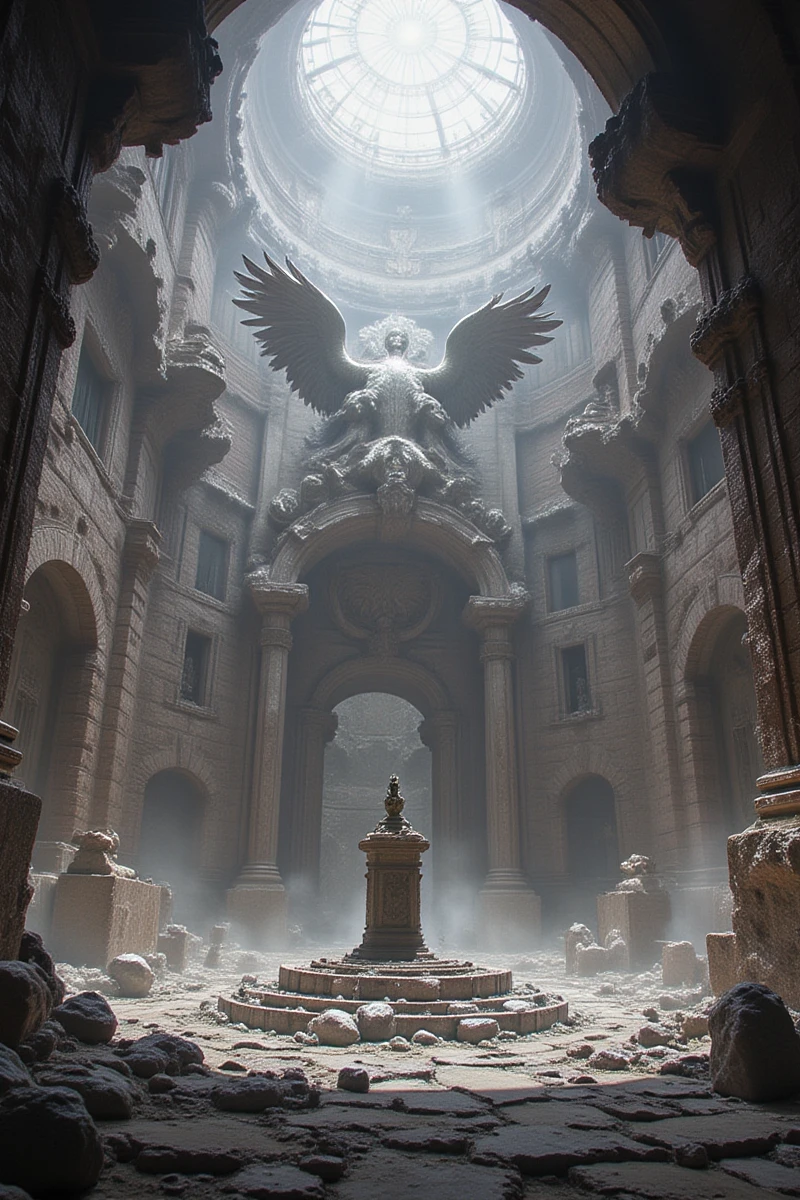 cg,Inside the massive dome, the walls and floor were made of ancient stone, with a massive altar in the center, and the walls were a sculpture of an angel fighting, seemingly about to break through the walls. On one wall stood a small figure reflecting the light. The scene is photographed in a cinematic style.