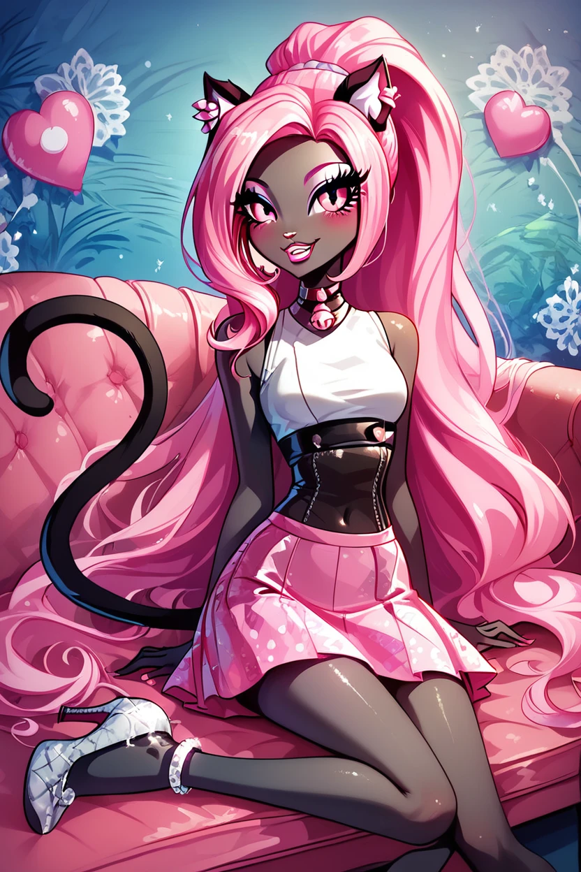 score_9, score_8_up, score_8, medium breasts, (curvy), cute, eyelashes, ,,, , ,,, zzCattyNoir, pink eyes, pink eyeshadow, long hair, pink hair, ponytail, tail, very long hair, black skin, cat ears, cat tail, makeup, sleeveless, pink skirt, idol, jewelry, eyeshadow, high heels, lipstick, <lora:CattyNoir_MH_PDXL:1.0>, ,,,, BREAK, ,,, smile, looking at viewer, blush, blurry, couch, sitting, ,,, shiny skin, <lora:ProAnime_PDXL_v1:0.7>, ,,, embedding:zPDXL, Expressiveh, <lora:SDXLFaeTastic2400:0.5>, <lora:Expressive_H-000001:0.4>,