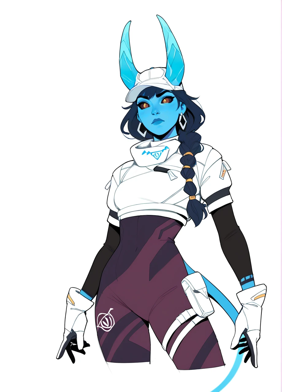 fnshiver, cap, crop top, gloves, bodysuit, demon girl, single braid, earrings, horns, colored sclera, blue skin, tail, cowboy shot, white background <lora:FN_Shiver-PONY:0.8>, score_8_up, score_7_up, score_6_up, score_5_up, score_4_up,