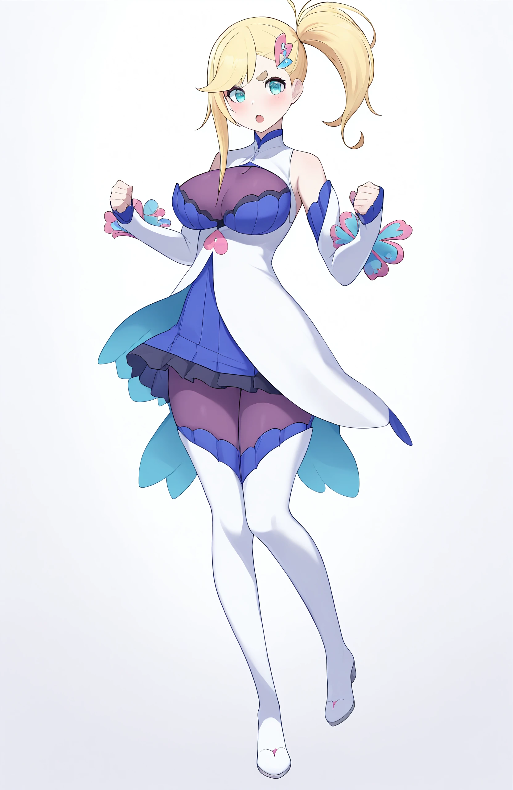 masterpiece, best quality, good quality, newest, MinervaR0, aqua eyes, two-toned dress, white thighboots, purple bodysuit, swept bangs, asymmetrical hair, Mainfit, 1girl, side ponytail, blonde hair, large breasts, open mouth, detached sleeves, long hair, white background, simple background, bare shoulders, heart hair ornament, single sidelock, looking at viewer, clenched hands, full body, standing, white footwear, blush, frills, :o <object:face//cid=1>, aqua eyes, thick eyebrows,