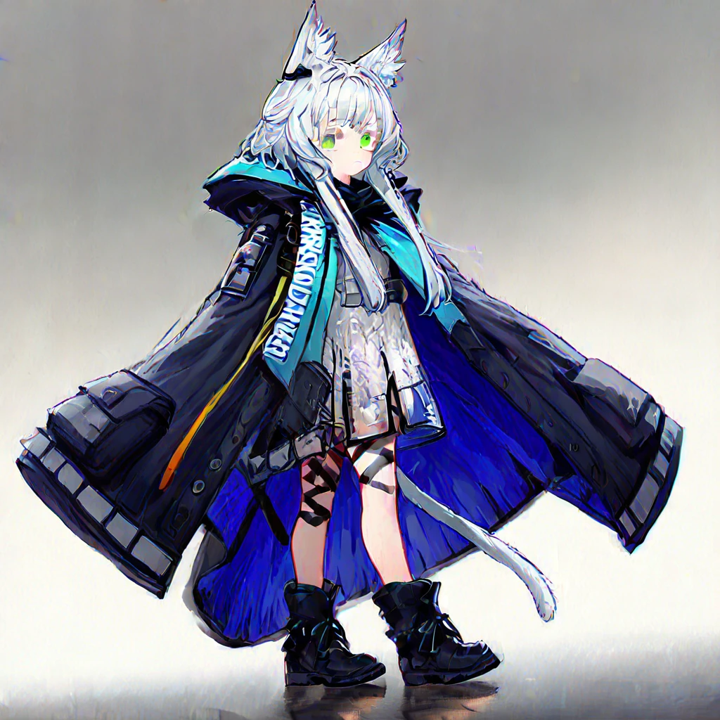 1girl,rosmontis (arknights),cat ears,cat tail,cat girl,white hair,green eyes,short hair with long locks,white eyelashes,colored eyelashes,(aged_down:1.4),open jacket,standing,full body,white background,leg ribbons,leg straps,black footwear,boots,