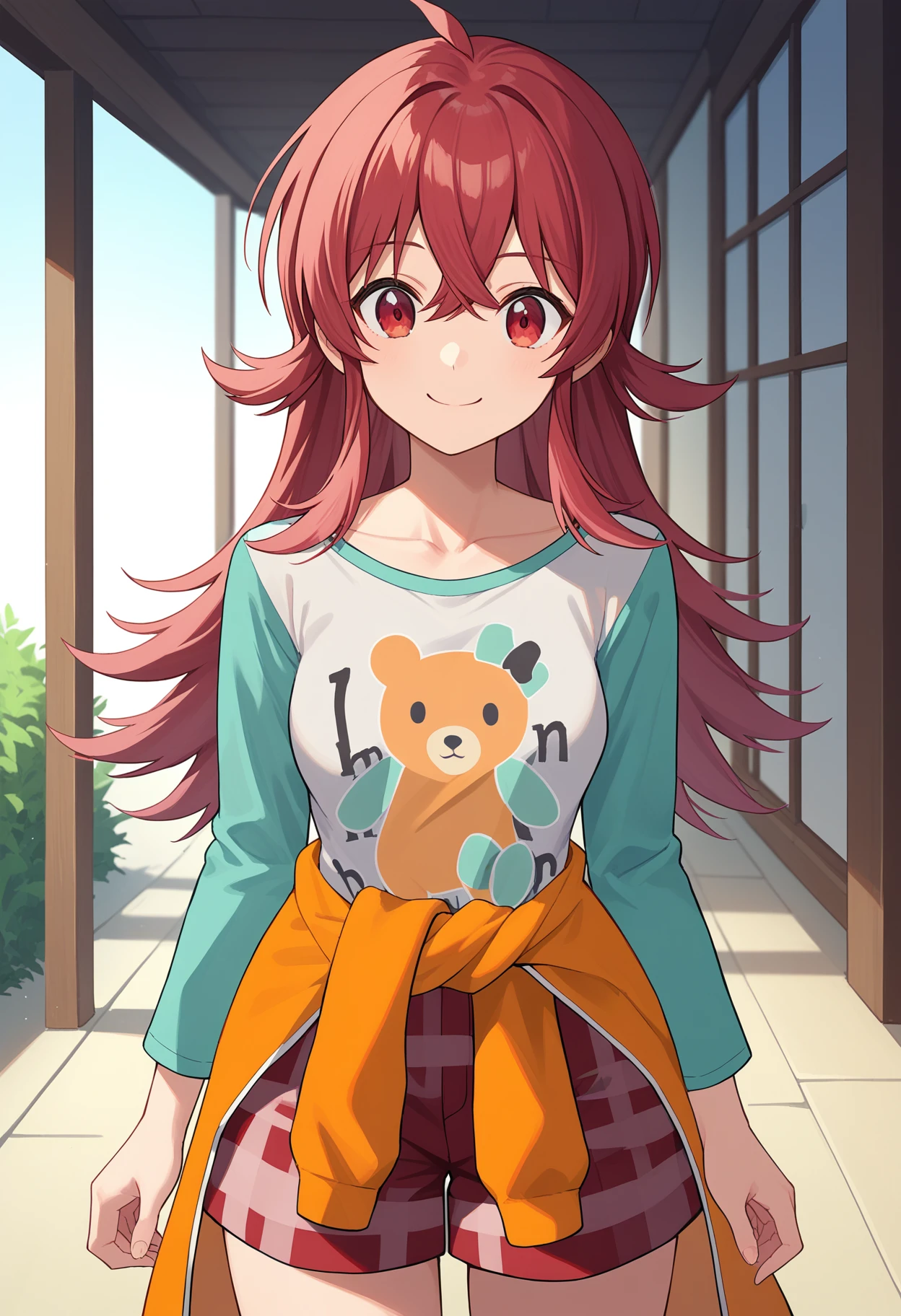 score_9, score_8_up, score_7_up, source_anime,
BREAK
1girl, solo, 
<lora:shiKomiyaKahoV1:1.0>,
shikomiyaprocasual, long hair, red hair, red eyes, hair between eyes, ahoge, 
medium breasts, collarbone, 
print shirt, bear print, raglan sleeves, long sleeves, 
orange shirt, shirt around waist, 
plaid, red shorts, 
looking at viewer, smile,