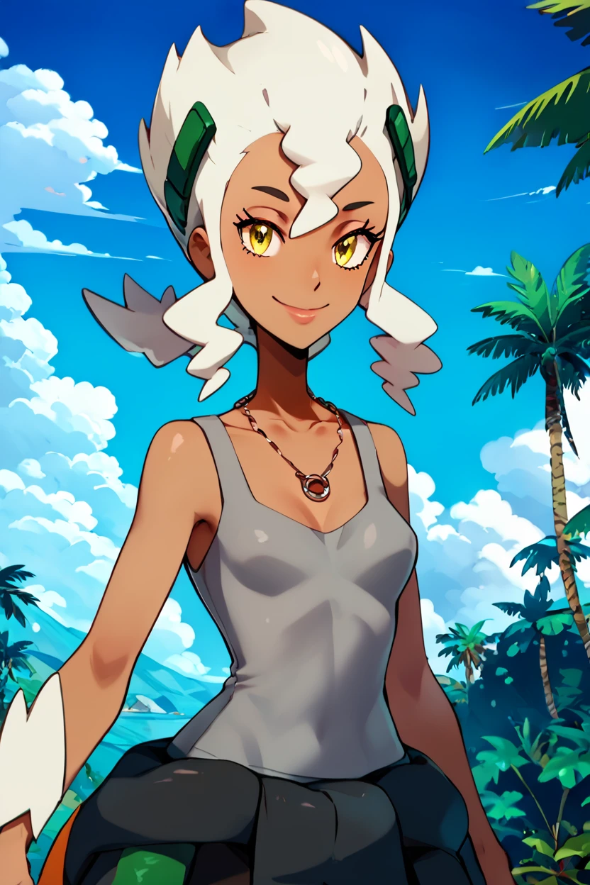 score_9, score_8_up, score_8, medium breasts, (curvy), cute, eyelashes,       ,,, , ,,, zzBurnet, yellow eyes, hair between eyes, hair ornament, long hair, white hair, dark skin, jewelry, necklace, tank top, collarbone, clothes around waist, <lora:Burnet_Pokemon_PDXL:1.0> ,,,, BREAK, looking at viewer, smile, outdoors, sky, day, cloud, tree, blue sky, mountain, cowboy shot, ,,, embedding:zPDXL, Expressiveh, ,,, <lora:Alola_Style_PDXL:0.8>, <lora:CatalystStylePDXL:0.8>, <lora:Expressive_H-000001:0.4>,