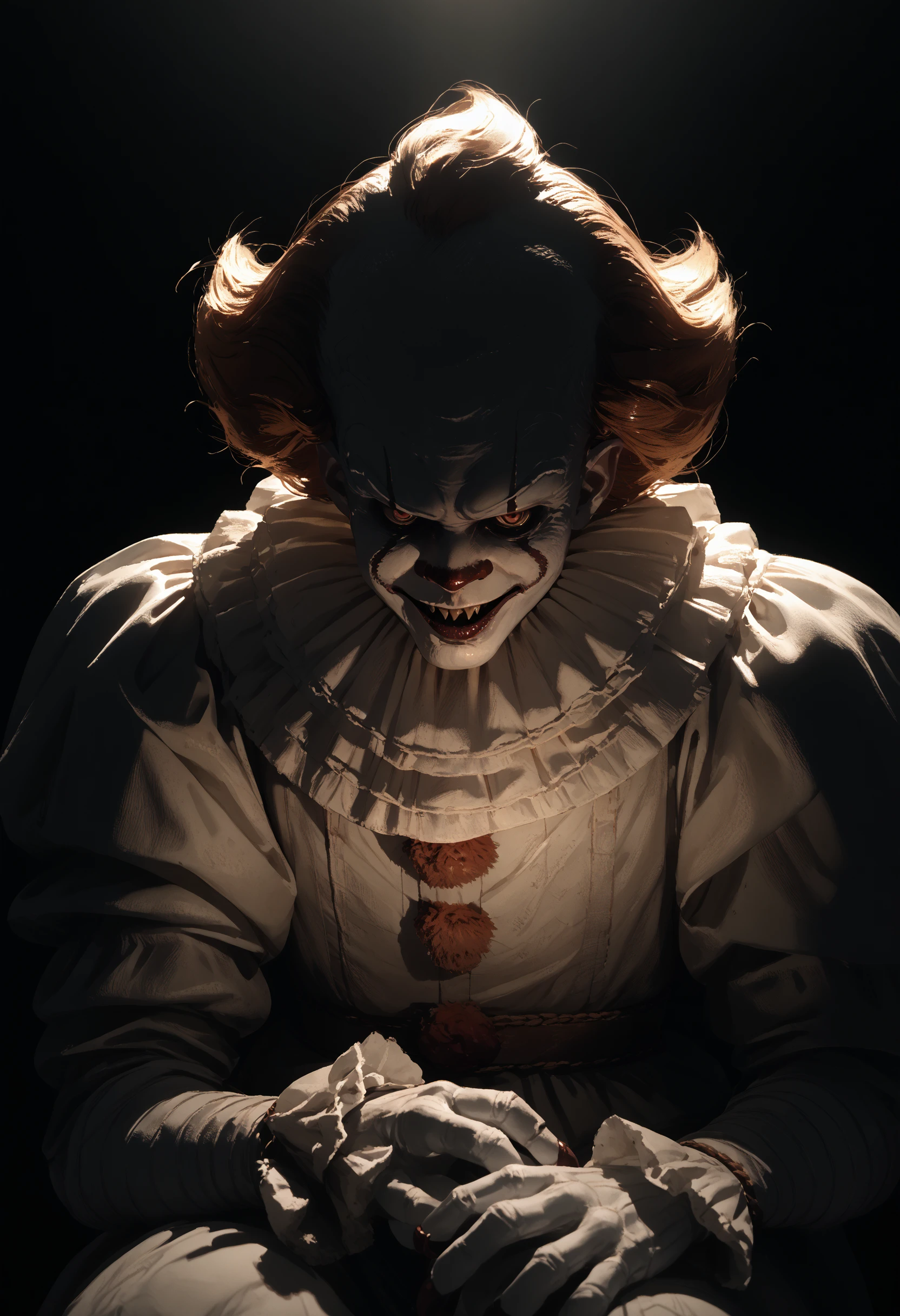 score_9, score_8_up, score_7_up, score_6_up, 1boy, monster, white costume, dark background, backlighting, silhouette, solo,, 
<lora:pennywise_v0.6-pony:1>
<lora:dark_v1.9-pony:1>