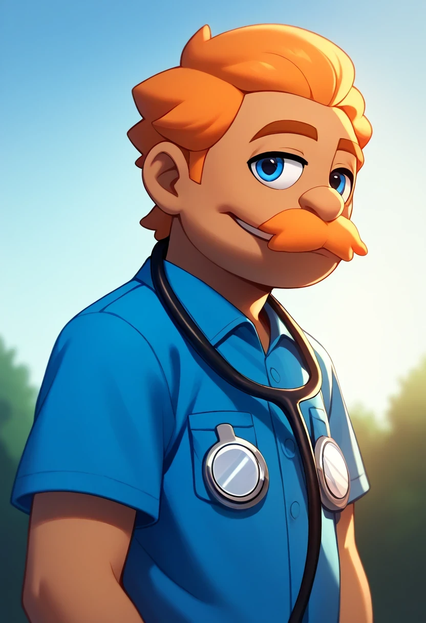 Brooklyn_guy_V2, solo, blue eyes, shirt, 1boy, upper body, male focus, short sleeves, stethoscope, sky blue shirt, doctors outfit, orange mustache, orange hair, semi dark skin