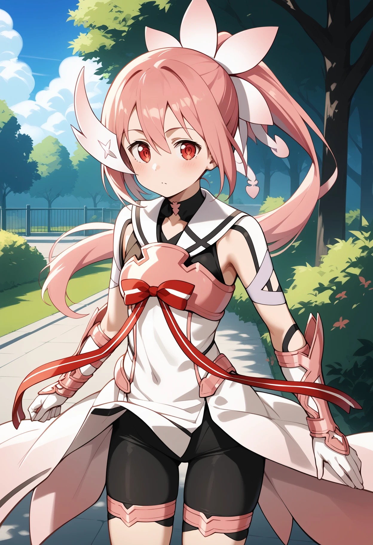 score_9, score_8_up, score_7_up, score_6_up, score_5_up, score_4_up, source_anime, aayuuna, long hair, pink hair, ponytail, hair ornament, red eyes, magical girl, white sailor collar, white dress, breastplate, red ribbon, arm guards, white gloves, bike shorts, thigh strap, <lora:yuuki_yuuna_ponyxl_v1:0.9>, standing, cowboy shot, outdoors, park,