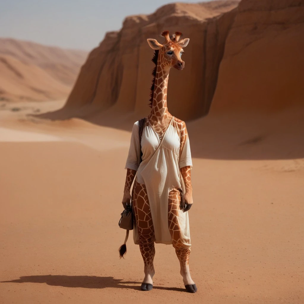 antro, 1girl, giraffe, standing, in a desert background, UHD, score_8_up, score_9