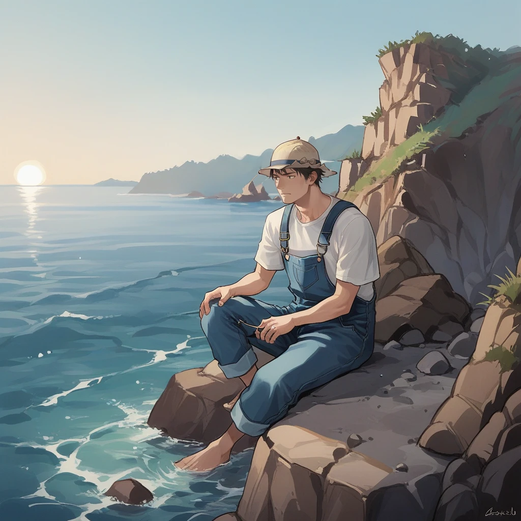 score_9, score_8_up, score_7_up, score_6_up, score_5_up, score_4_up, zPDXL2,source_anime,rating_questionable,  <lora:Coast:0.8> co4st, outdoors, ocean, rock, cliff, 1boy, solo, white shirt, blue overalls, fishing hat, sitting,