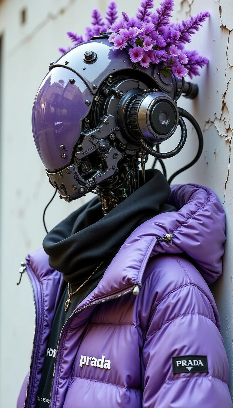 CyberFloralHarmony, a highly detailed, realistic depiction of a humanoid robot with a sleek, metallic helmet adorned with a large, circular, black, futuristic camera lens and a small, purple flower crown, the robot's head is covered in a glossy, reflective helmet with a purple hue, giving it a futuristic, sci-fi appearance, the helmet is adorned with intricate, mechanical components, including a small nose and a winding, mechanical arm, the person is wearing a purple, high-collared jacket with the wordprada printed on the left sleeve, and a black scarf wrapped around its neck, the background is a plain, white wall with visible cracks, suggesting an urban setting, the overall color palette is muted, with the purple jacket standing out against the neutral background, the image exudes a sense of depth and mystery, with a focus on the robot and the delicate, almost ethereal flowers, the textures of the jacket and the helmet are smooth and polished, enhancing the realism of the image