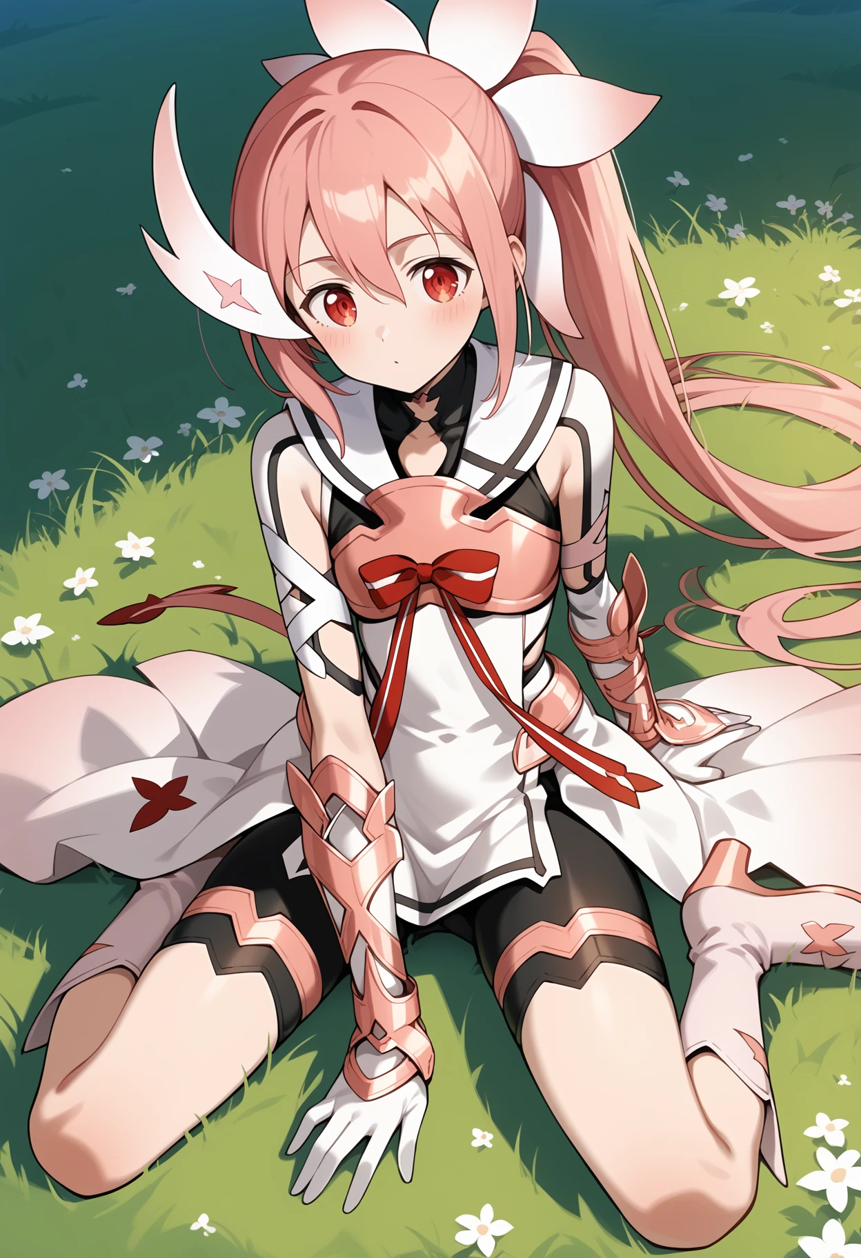 score_9, score_8_up, score_7_up, score_6_up, score_5_up, score_4_up, source_anime, aayuuna, long hair, pink hair, ponytail, hair ornament, red eyes, magical girl, white sailor collar, white dress, breastplate, red ribbon, arm guards, white gloves, bike shorts, thigh strap, <lora:yuuki_yuuna_ponyxl_v1:0.9>, on floor, sitting, boots, field, grass,