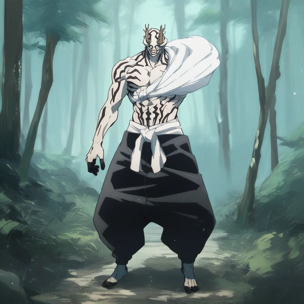 jjk_hanami, muscular male, branch for eyes, white skin, black marks, black hakama pants, score_9, score_8_up, score_7_up, score_6_up, score_5_up, score_4_up, standing, full body, forest, looking at viewer