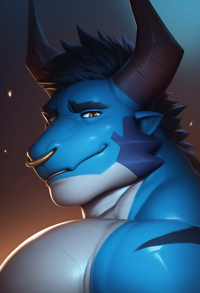 zPDXL3,score_9, score_8_up, score_8, score_7_up, score_7, source_furry,  digital media \(artwork\), masterpiece, high quality, best quality,1boy, furry male, solo, dragon horns,  blue body,upper body,looking at viewer,muscular male,nose_piercing, dragon,nose ring,(side view)