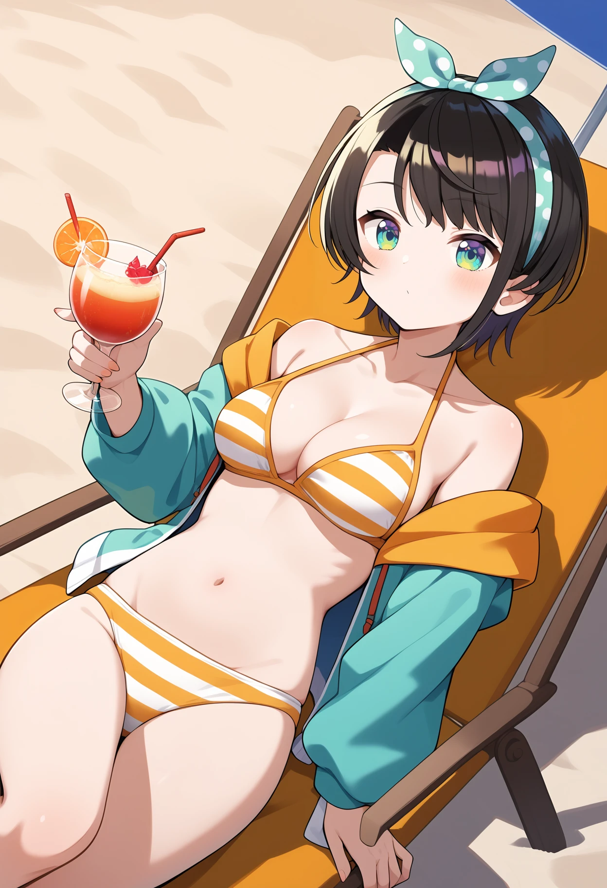 score_9, score_8_up, score_7_up, score_6_up, score_5_up, score_4_up, source_anime, ffsubaru, short hair, black hair, bow hairband, polka dot bow, multicolored eyes, breasts, collarbone, bare shoulders, cleavage, striped bikini, off shoulder, multicolored jacket, aqua jacket, open jacket, long sleeves, <lora:oozora_subaru_ponyxl_v2:0.9>, leaning back, beach, beach chair, holding cup, cocktail glass,