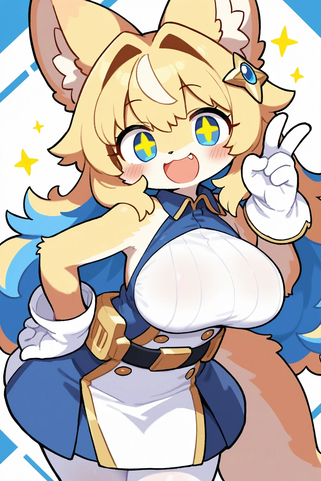 1girl, furry, breasts, solo, open mouth, pantyhose, blonde hair, blue eyes, large breasts, blush, gloves, fang, smile, multicolored hair, looking at viewer, white gloves, hand on hip, blue hair, white pantyhose, yellow pupils, + +, bangs, sleeveless, hair intakes, two-tone hair, hair ornament, bare shoulders, :d, v