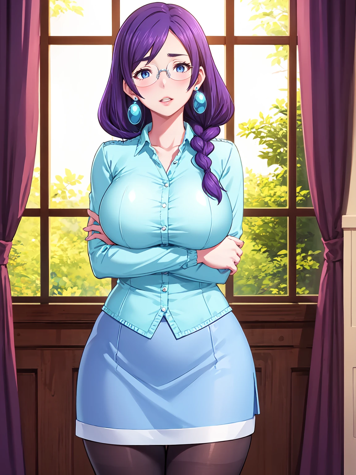 masterpiece, high quality, detailed, intricate, vivid, sidelighting, 
Inoue Aoi, a girl is standing, crossed arms, cowboy shot,
1girl, mature female, solo,
looking at viewer, blush, parted lips,
purple hair, long hair, single braid, blue eyes, glasses, earrings,
white shirt, blue skirt, black pantyhose,
curvy, large breasts, thighs,
indoors, room, window, night, starry sky,
 <lora:Inoue Aoi15:1>