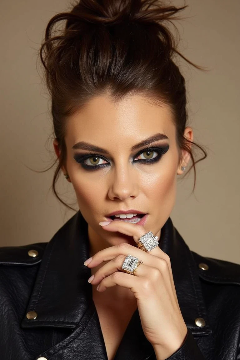 This is a photograph of wol4ur3nc0h3n, a woman with fair skin and brown hair styled in a voluminous updo. She has striking, dramatic black eyeliner and is wearing a black, textured leather jacket. Her right hand is raised to her lips, displaying several rings, including a large, square-cut diamond ring. The background is a plain, muted beige, emphasizing her elegant and sophisticated look. The image has a high-fashion, editorial style.