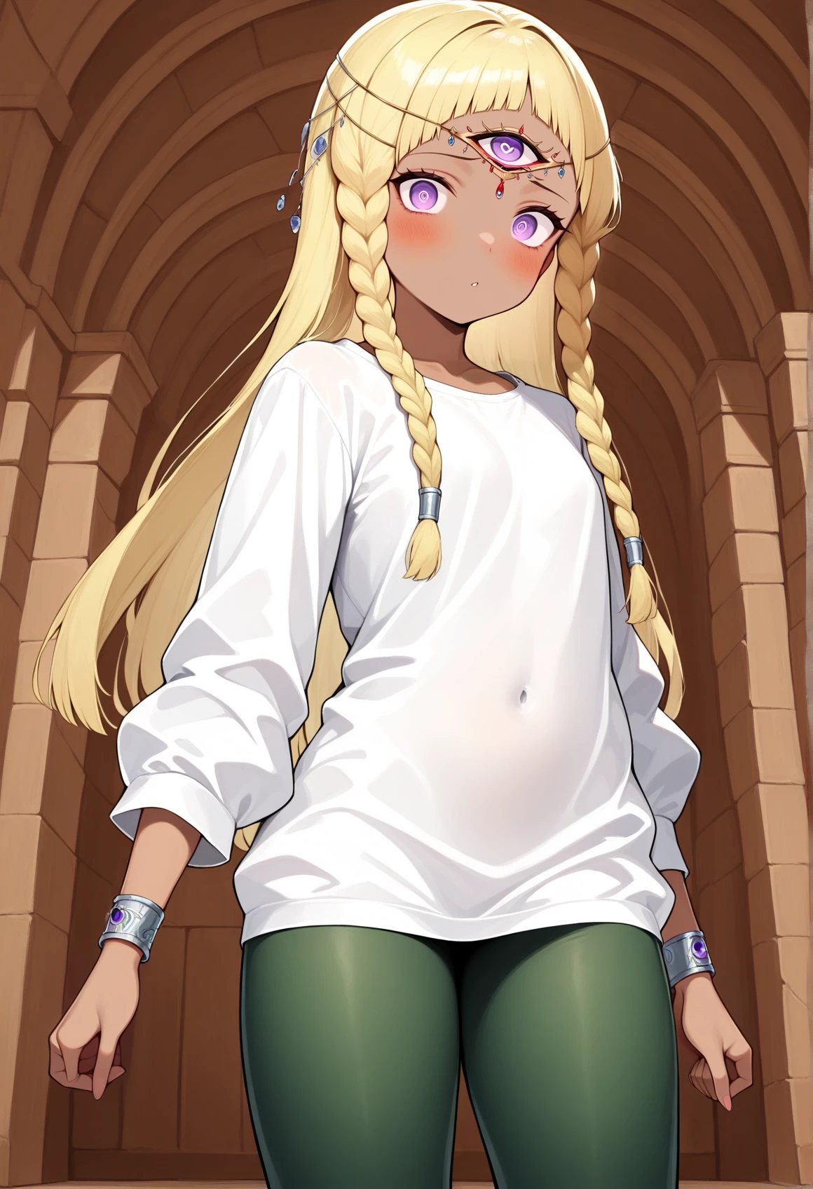 1girl, long hair, blonde hair, braid, purple eyes, dark skin, third eye, circlet, jewelry, bracelet, white shirt, long sleeves, green leggings, cowboy shot, indoors, greek temple, looking at viewer  <lora:Eupha_Illus:1>, masterpiece, best quality, amazing quality, very aesthetic, absurdres, highres, newest