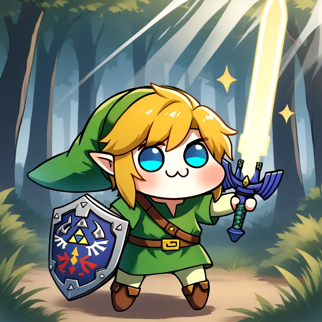 <lora:doro_xypher_ixl_v1:1>  solo, doro, \:3, chibi, no pupils, solid circle eyes, blush
, full body
, masterpiece, best quality, very aesthetic, highres, absurdres
, god rays, forest, glowing
, link, the legend of zelda, blonde hair, blue eyes, green cap, green tunic, holding sword, master sword, shield, sparkle