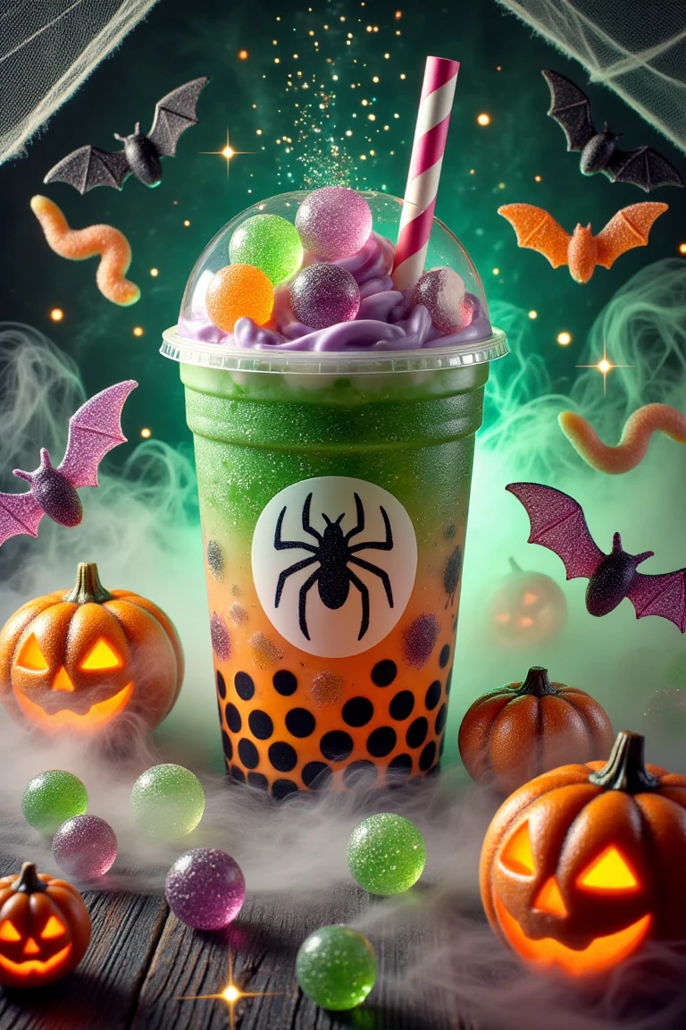 An assortment of spooky gummy candies, including gummy spiders, worms, bats, and tiny pumpkins, arranged in a whimsical, eerie pattern. The candies feature vibrant Halloween colors like orange, green, purple, and black, with a soft misty glow. The background has a magical, dark Halloween atmosphere, with subtle fog and sparkles, adding a fun and spooky festive feel. No cups or bubble tea are present, focusing solely on the gummy candies and their enchanting display.