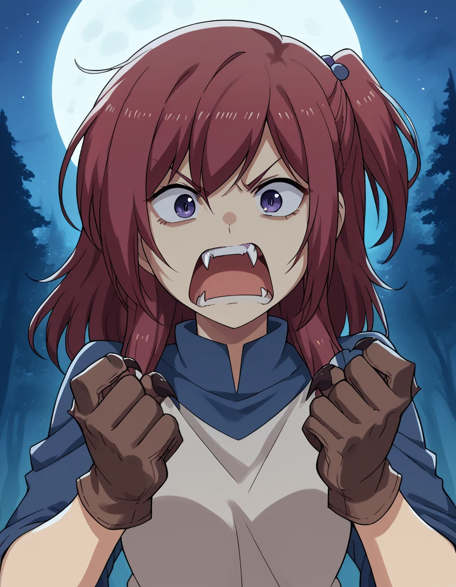 score_9, score_8_up, score_7_up, source_anime, <lora:rena-kariu-s1-ponyxl-lora-nochekaiser:1>, rena kariu, long hair, red hair, side ponytail, one side up, purple eyes, medium breasts,, <lora:werewolf-ponyxl-lora-nochekaiser:1>, werewolf, furry, fangs, animal ears, gloves, angry, teeth, animal ear fluff,, forest, night, moon, open mouth, , dutch angle, cowboy shot
