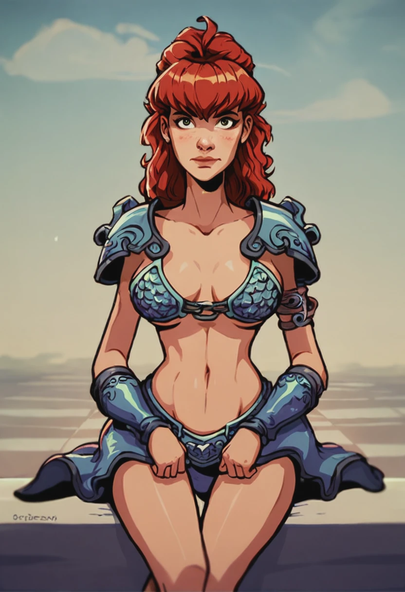 Red Sonya, (wavy red hair), muscular, ((nude)), ((pubic hair)), turned-down leather boots, gauntlets, sword, scabbard, smiling, fun, relaxing on a deserted rocky beach, dramatic lighting, (depth of field), ((masterpiece)), ((best quality)), ((highly detail