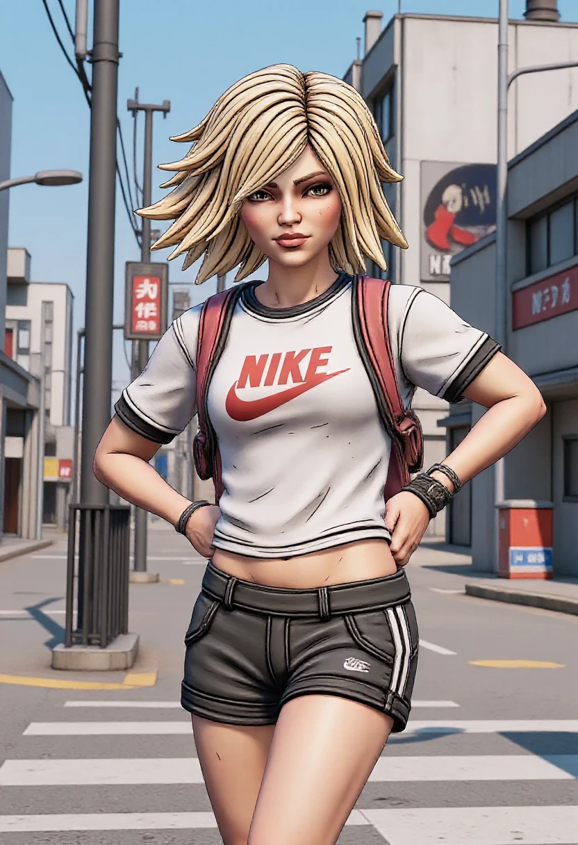 portrait of 25 years old blonde woman, wearing Nike outfits, at Japan city, cel shading<lora:Borderlands_Style_-_v2:0.7>