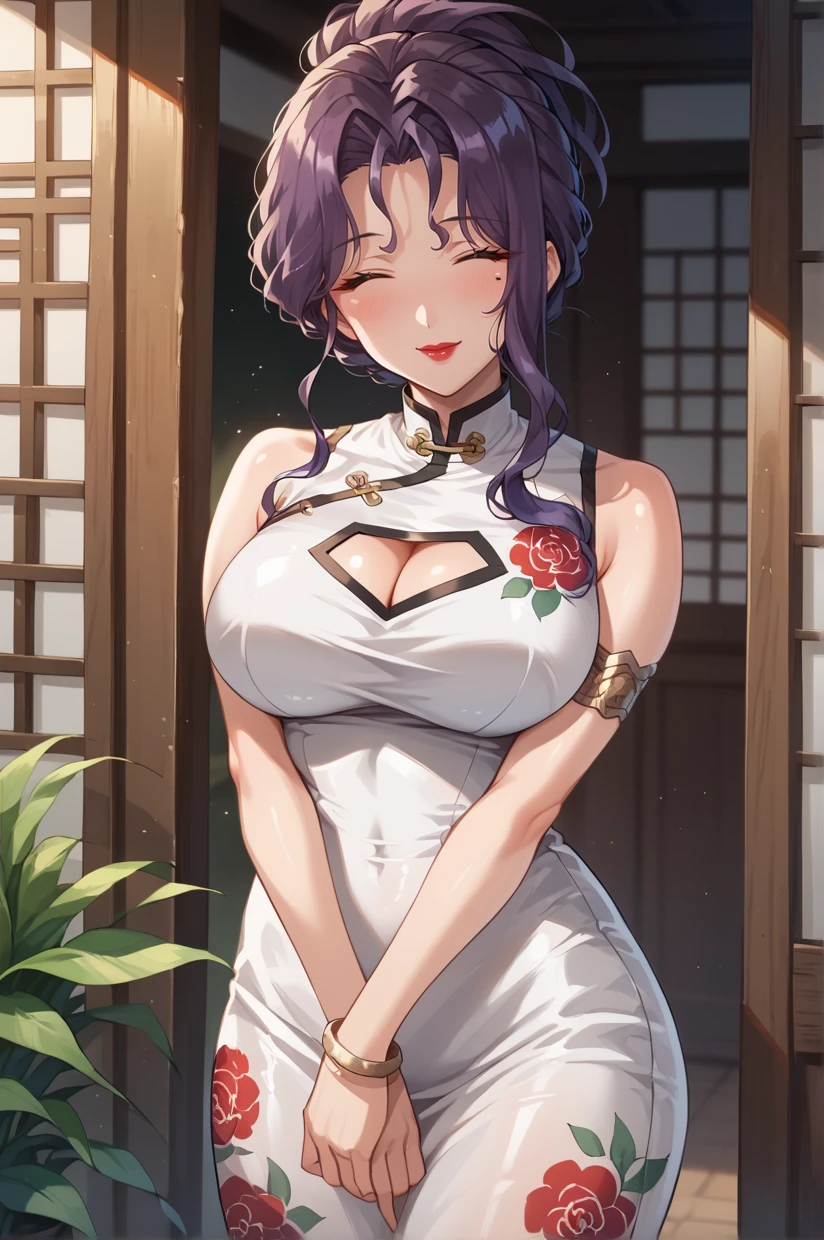 <lora:MiyabiKuro-09:0.9> MiyabiAi, MiyabiChinese, long hair, purple hair, large breasts, mole under eye, makeup, red lips, solo, smile, looking at viewer, curvy, white dress, chinese dress, clothing cutout, bracelet, armlet, bare shoulders, hair up, cleavage, floral print, happy, blush, v arms, closed eyes, ^ ^, 16k, masterpiece, absurdes, highly detailed, highres, high quality, best quality, score_9, score_8_up, score_7_up, score_6_up, shiny, shiny skin, shiny hair, shiny clothes