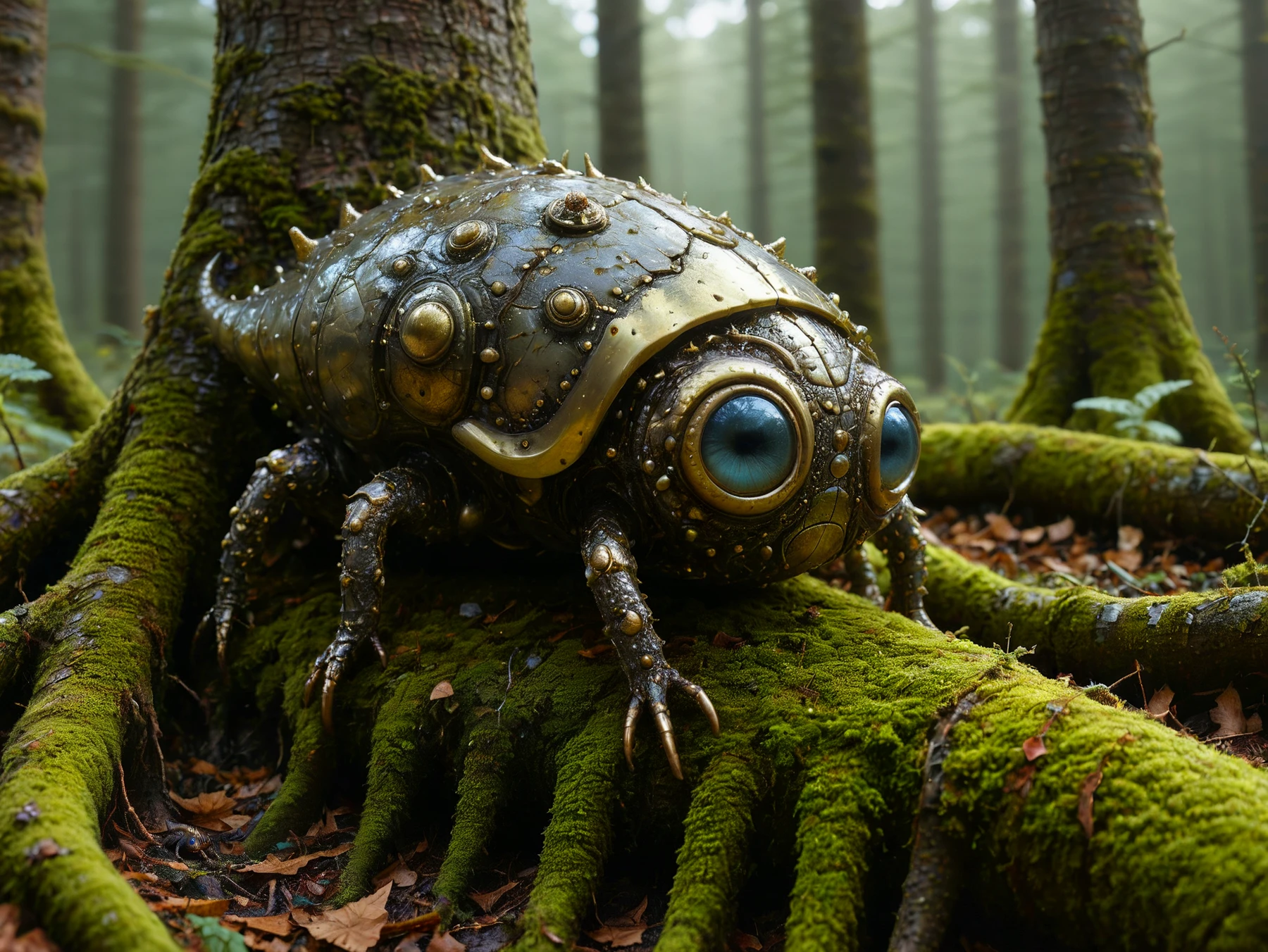 A surreal creature with a metallic brass carapace, crawling along a felled tree trunk.

<lora:Squishy01_CE_SDXL_64x32x180x2bOT:0.6> sqshyCE style