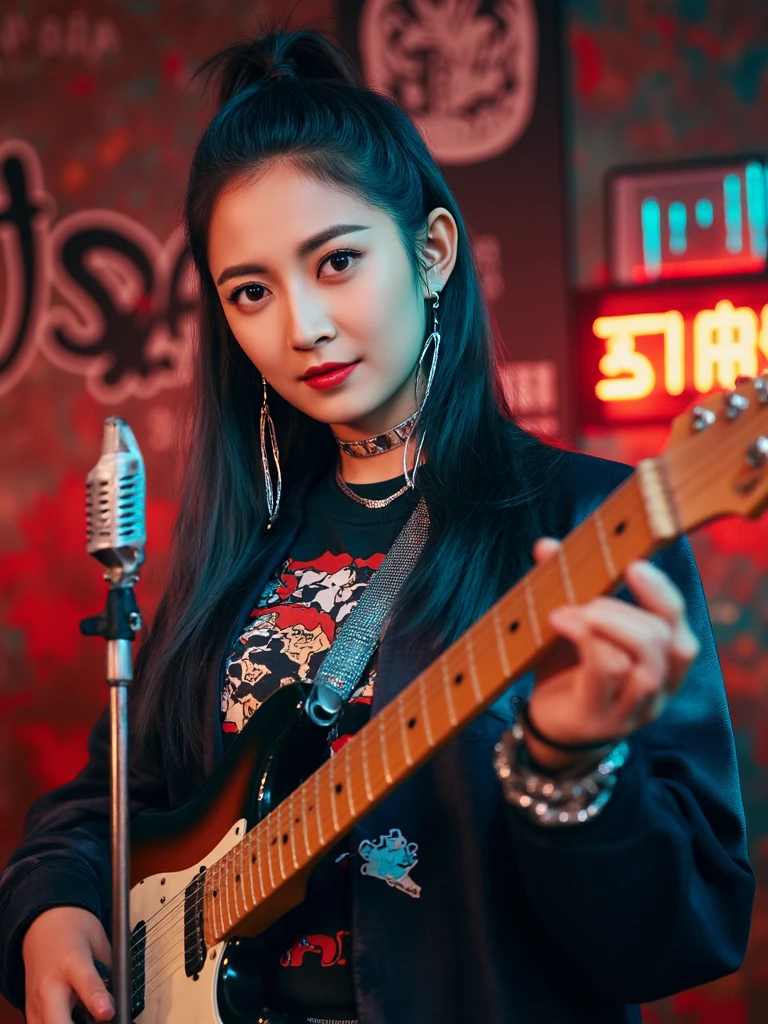 CYQ,
In a grunge-inspired music studio, set against the backdrop of dimly lit neon lights and graffiti-covered walls, a charismatic woman named JUL14N4C poses confidently, her eyes sparkling with passion as she holds a vintage guitar in one hand and a blurred microphone in the other. The camera angles from below accentuates her unique style, showcasing her striking, androgynous appearance clad in a bold, colorful jul14n4c shirt. Her pose exudes playful defiance, with a genuine smile gracing her lips, as if she's on the verge of launching into an electrifying solo performance that will captivate the audience and pay homage to the rebellious spirit of rock music.