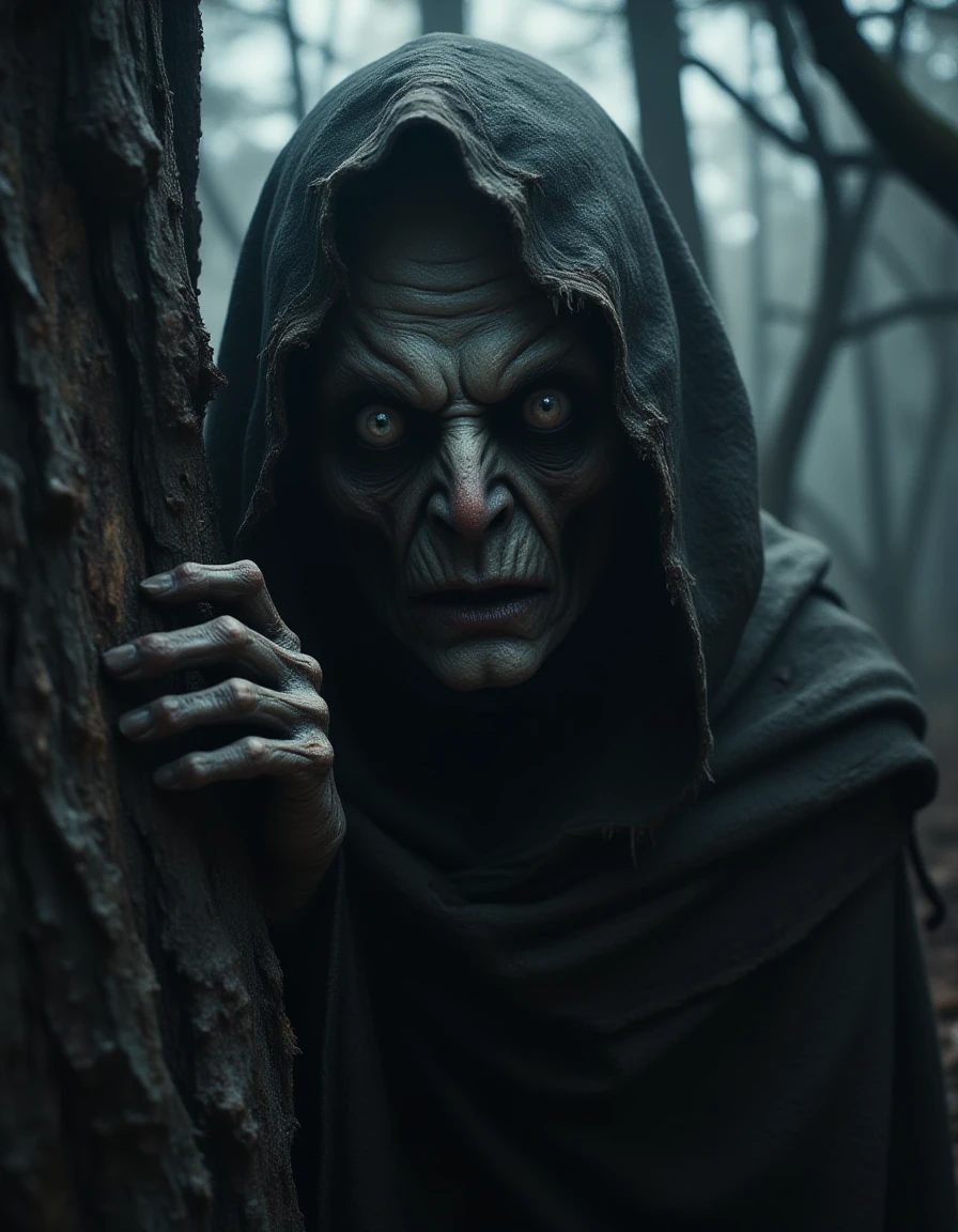 <lora:lora-AAA13_trained:1>"A hyper-realistic close-up of a cloaked figure lurking in a dense, foggy forest, illuminated by faint, early morning light that barely penetrates the trees. The figure wears an old, tattered hood with frayed edges and subtle, ancient patterns woven into the fabric. Their pale face is partially hidden by the hood, but piercing, bloodshot eyes stare directly at the viewer, wide with an unsettling intensity. The skin is textured with deep wrinkles and scars, adding a lifelike, decayed quality. A single hand emerges from the cloak, resting on a tree trunk, with bony fingers and dirt under the nails, as if theyâve been wandering for years. The background shows faint silhouettes of twisted trees and low-hanging mist, creating a haunting, atmospheric scene that feels cold and otherworldly."