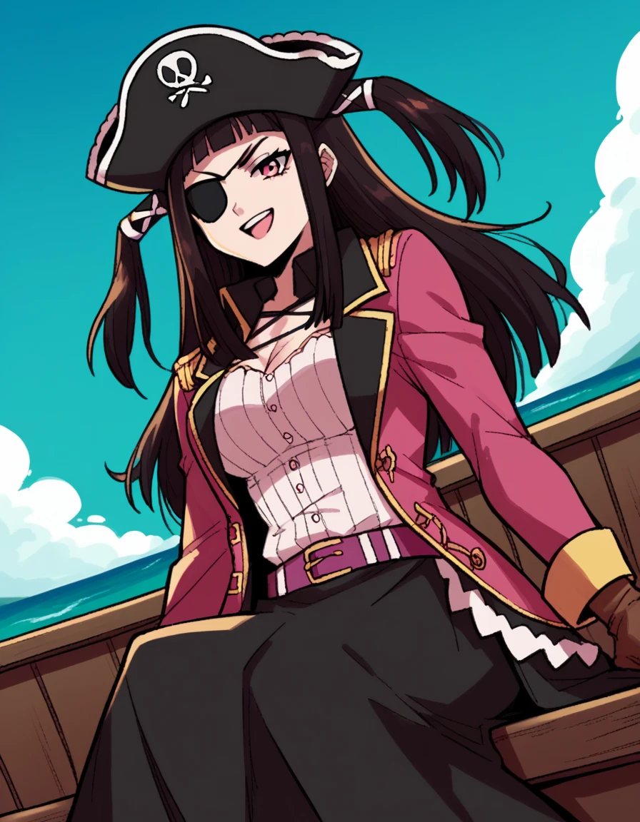 score_9, score_8_up, score_7_up, source_anime, <lora:ruby-toujou-s2-ponyxl-lora-nochekaiser:1>, ruby toujou, long hair, black hair, pink eyes, two side up, bangs, blunt bangs, large breasts,, <lora:pirate-costume-ponyxl-lora-nochekaiser:1>, pirate costume, pirate hat, skirt, gloves, jacket, shirt, eyepatch,, blue sky, sea, ocean, pirate ship, treasure, gold, smug, open mouth, from below, sitting,, , dutch angle, cowboy shot