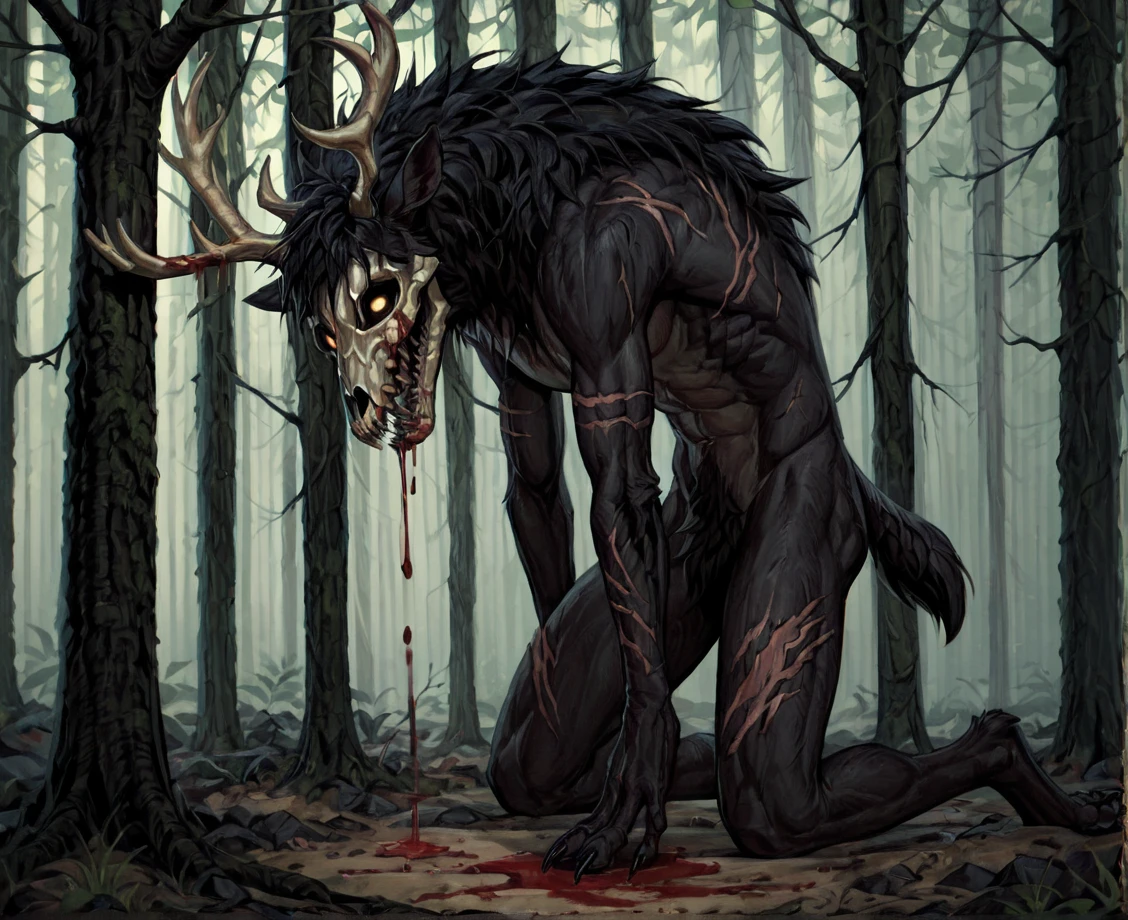 safe_pos, score_9_up,score_8_up,score_7_up,score_6_up,score_5_up,score_4_up, masterpiece, high quality, digital painting, source_furry, source_monster,  zPDXL3, BREAK,
creepy forest,  behind tree, blood, scars, scary, stalking, following, ((far away)), in the distance, full body,
w3ndigo,wendigo,horror (theme), monster, creature, black fur, horns, skull face, antlers, glowing eyes, sharp teeth, claws, muscular, hair, black skin,
<lora:Wendigo for PonyXL:0.5>, <lora:SDXL_Black_Sa_May:2>