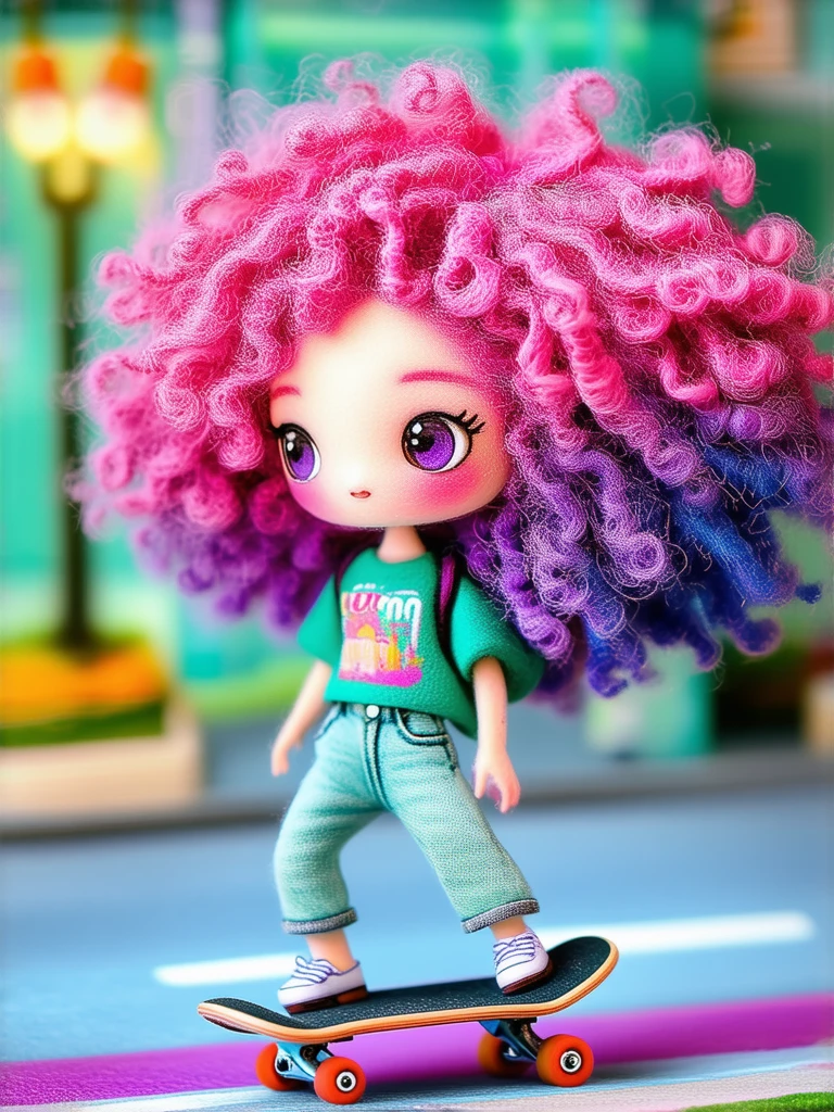 A young woman with wild, curly hair dyed in vibrant shades of pink and purple is skateboarding down a city street, her baggy jeans and graphic tee whipping in the wind as she pulls off a trick.