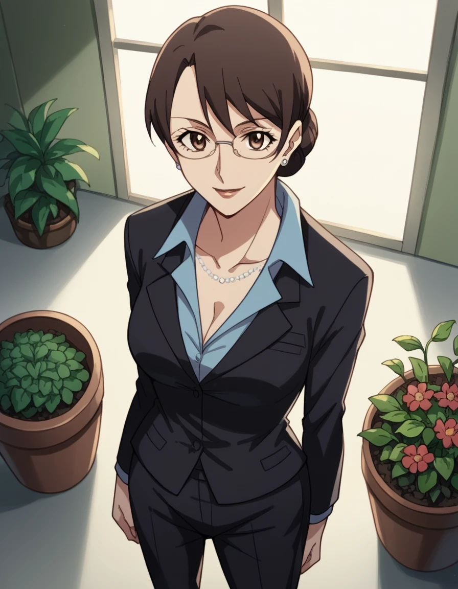 score_9, score_8_up, score_7_up, source_anime, <lora:aki-kikuchihara-s1-ponyxl-lora-nochekaiser:1>, aki kikuchihara, brown hair, brown eyes, glasses, mature female, large breasts,, jewelry, earrings, necklace, formal, suit, lipstick, office lady,, gardenin...