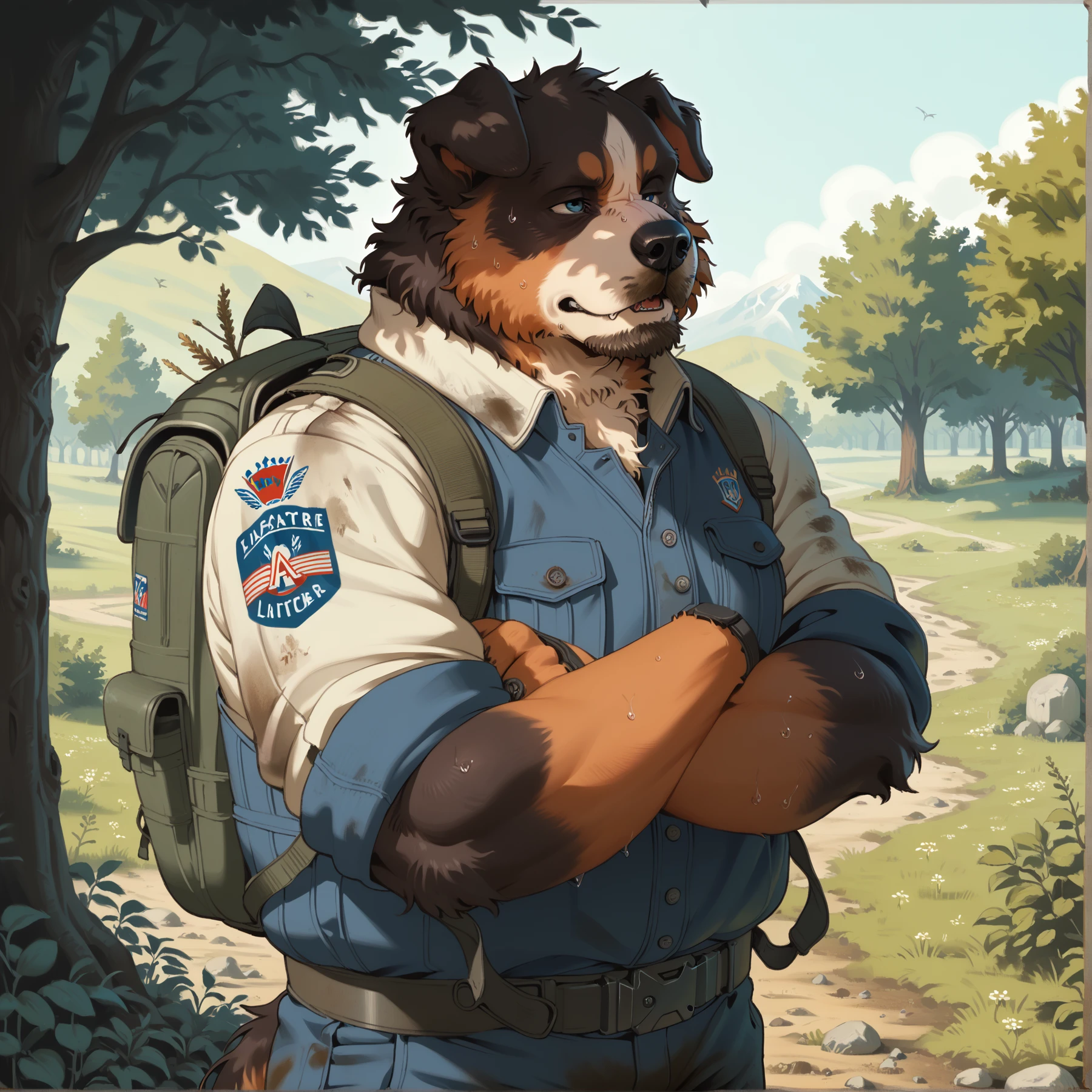 (zPDXL3), score_9, score_8_up, score_7_up, score_6_up, score_5_up, score_4_up, high contrast, cell shading, soft shading, sun ray, luminous lighting, hdr, high quality, 
BREAK
hoggan, solo, anthro, bernese mountain dog, tattered clothes, tired, backpack, hiking, sweating, <lora:hoggan_v1.2a:1>, hoggan, detailed eyes, clear eyes, dirt road, farm land,