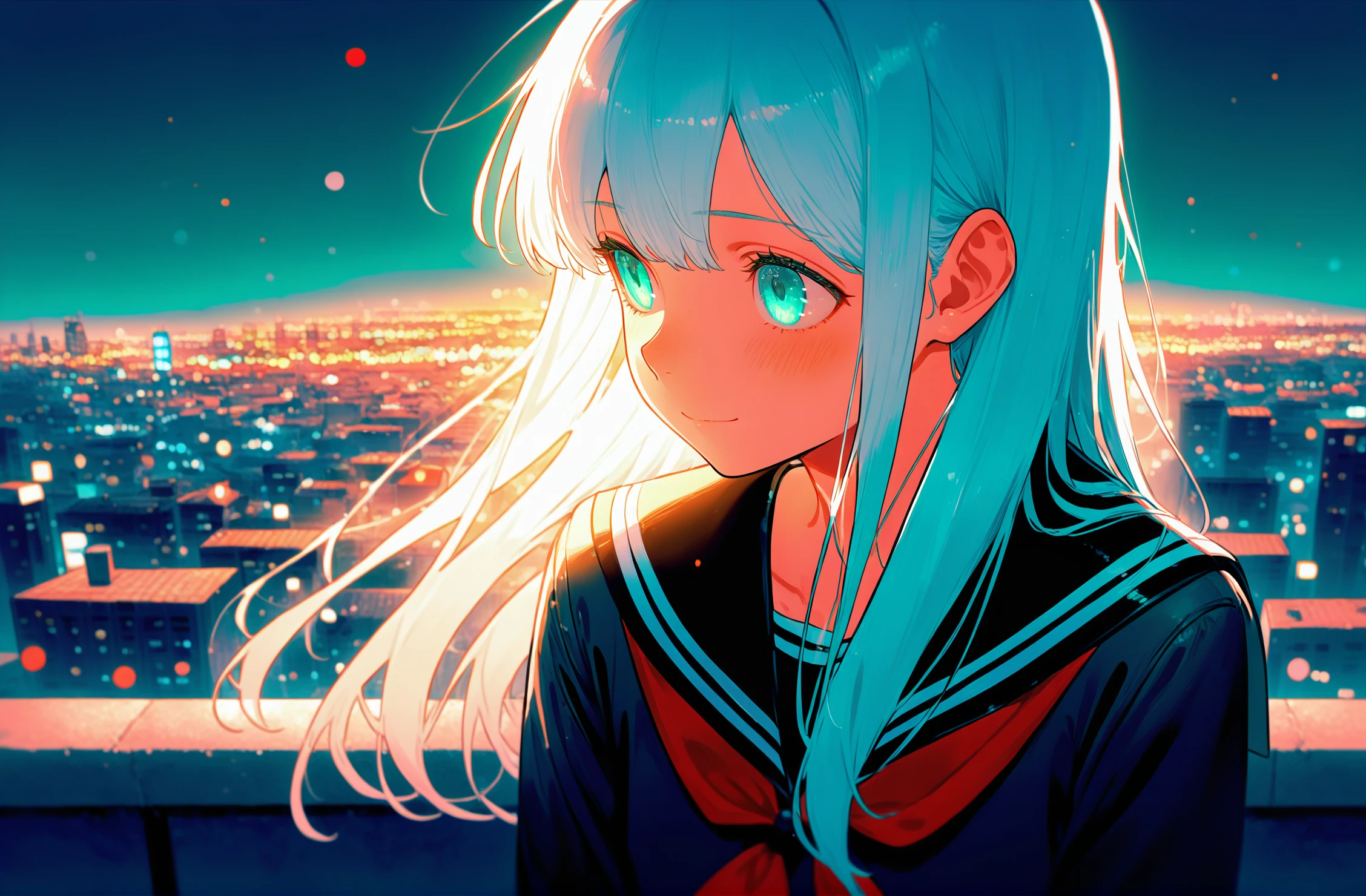 best quality,masterpiece,absurdres,newest,
<lora:ANR STYLE:1>,
(anr style),
This digital anime-style illustration features a young woman with long, flowing white hair and teal eyes. She is wearing a black sailor-style school uniform with a red neckerchief. The background is a blurred cityscape at night, illuminated by warm, colorful lights, suggesting a bustling urban environment. The lighting is soft and ambient, highlighting the character's serene expression. The camera angle is slightly low, emphasizing her gentle smile and the length of her hair. The depth of field is shallow, keeping the focus on the character while the background remains blurred.