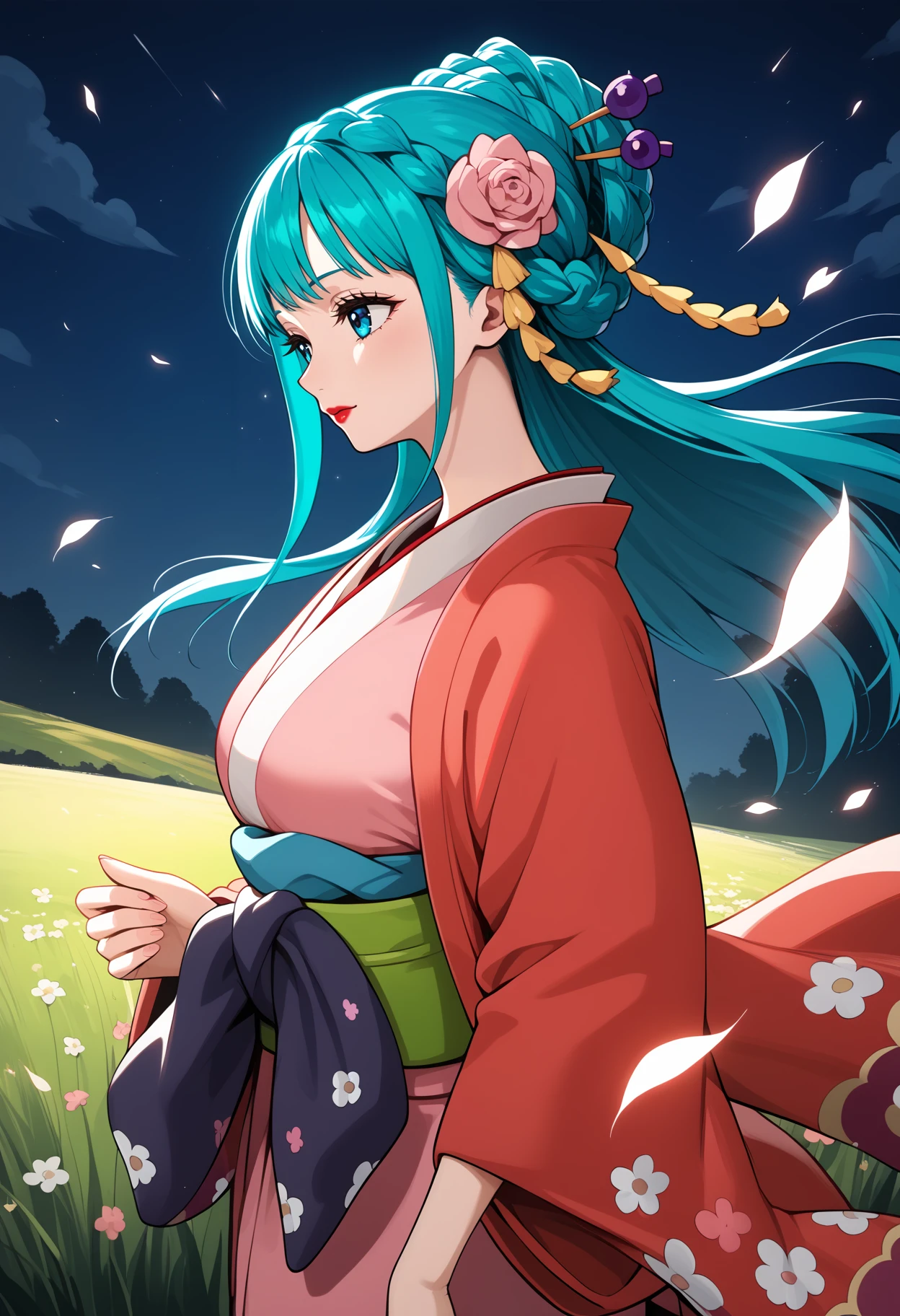 score_9, score_8_up, score_7_up, score_6_up, score_5_up, score_4_up, source_anime, aahiyori, long hair, aqua hair, braid, hair flower, blue eyes, lipstick, breasts, red kimono, pink kimono, sash, <lora:kouzuki_hiyori_ponyxl_v1:0.9>, from side, night, wind, field, looking at another, standing, cowboy shot, solo