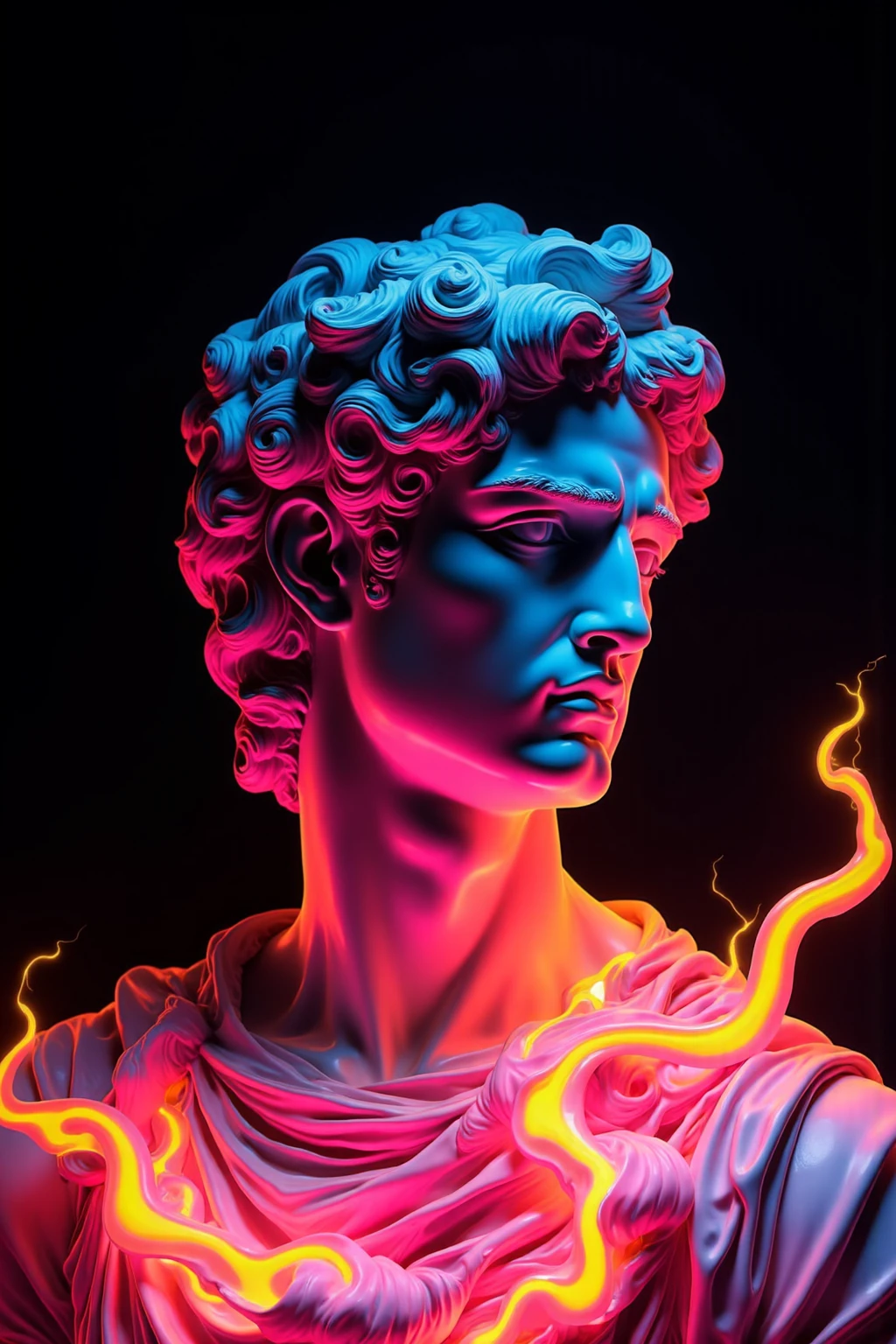 CynthiaSculpture, this is a highly dramatic image of a statue with strong color contrasts, showing the head and upper body. the face and shoulders of the statue are illuminated with cool blue lighting, while the background and lower area are filled with intense pink and orange flame-**** lighting effects, creating a striking contrast between warm and cool tones. the statue's expression is stern, with a determined gaze to one side, imparting a sense of strength and majesty. the dark background makes the statue and lighting effects stand out more, enhancing the overall visual tension. the style combines the fine detail of classical sculpture with modern vibrant lighting, creating a surreal and impactful visual effect.