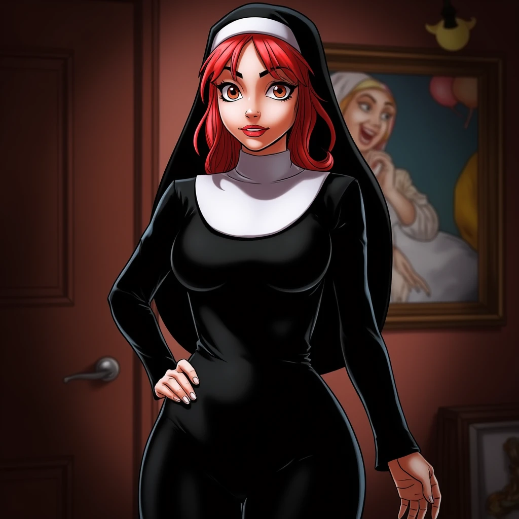 UHD, 4k, ultra detailed, cinematic, a photograph of  <lora:cartoon Tufos comic style v1:0.8>
A cartoon of a red hair woman in a black nun latex dress, epic, beautiful lighting, inpsiring