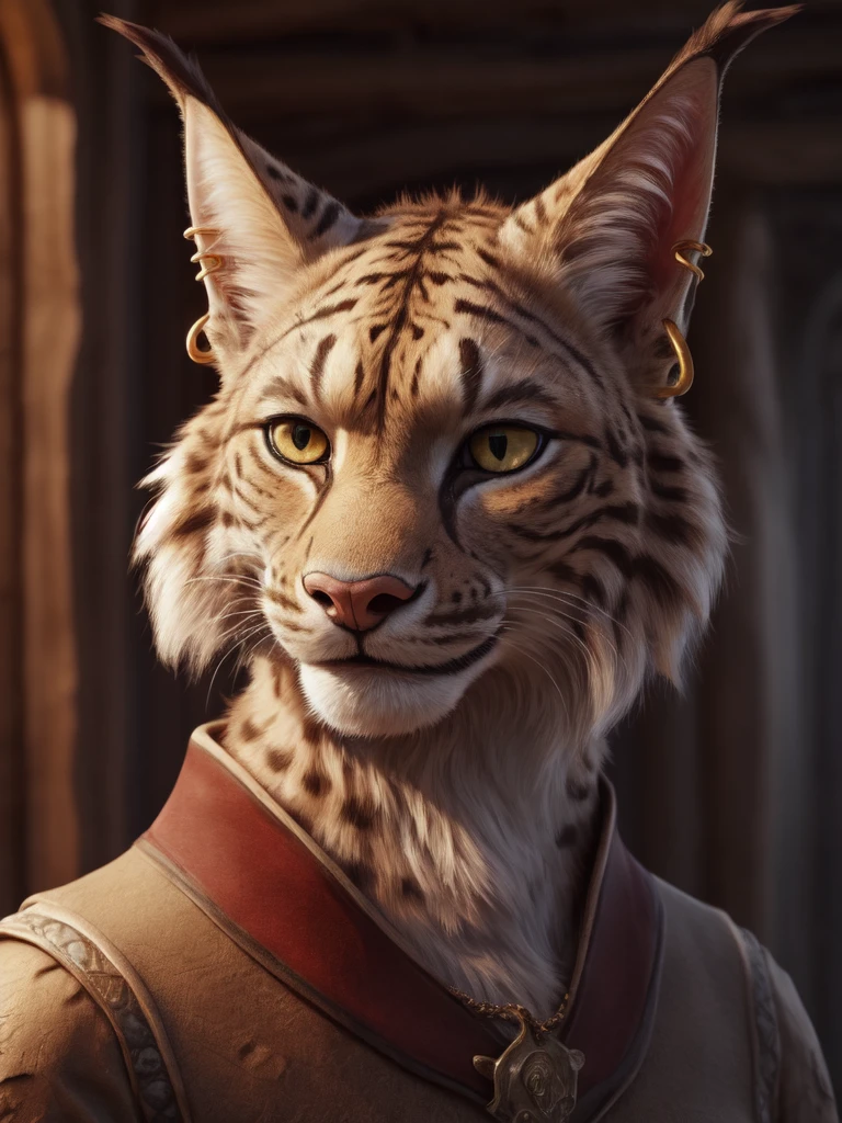 male khajiit, lynx, ear piercing, ear ring, detailed fur, smile, portrait, 4k