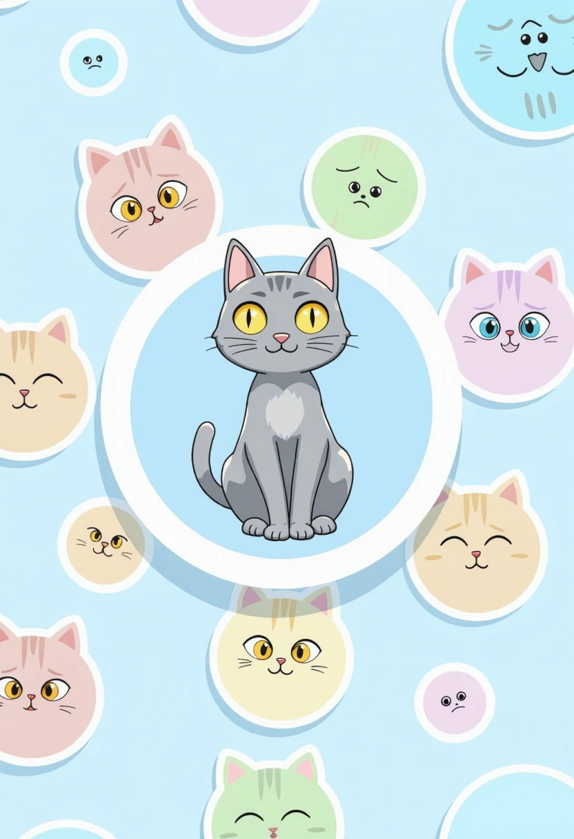 a digital drawing in a cartoon style, featuring a large, round sticker in the center containing a gray cat with bright yellow eyes and a neutral expression, the cat is sitting upright, with its front paws resting on its lap and its tail curled around its body, surrounding the cat are smaller, round stickers in various colors, each featuring a different cat's face, ranging from happy to sad, with the cat's eyes looking directly at the viewer, the background is a light blue, providing a clean and minimalistic contrast to the vibrant colors of the cats, the stickers are arranged in a grid-like pattern, with each cat's head facing slightly to the left, creating a visually appealing and playful design, the overall style is playful and whimsical, with clean lines and a soft, pastel color palette, typical of modern digital art, the image exudes a sense of calm and contentment, with a focus on the cute cat's expressive faces and the simple, clean background