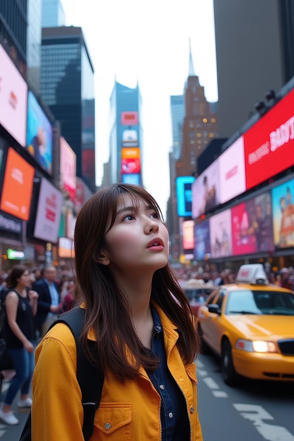 A young European woman stands in Times Square, New York, surrounded by the vibrant hustle and bustle of the city. Her eyes are wide with wonder as she takes in the towering skyscrapers and the dazzling lights of the billboards. The scene is bustling with people from all walks of life, and yellow taxis zip by in the background. The colors are vivid, capturing the energy and excitement of the city that never sleeps. The composition focuses on her expression of awe, with a slight upward angle to emphasize the towering buildings around her.haruka <lora:haruka-arai:1>