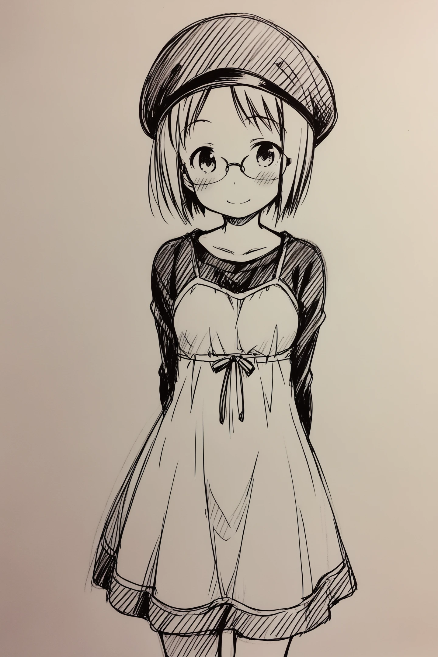 Matsuri Sakuragi,1girl,solo,monochrome,glasses,greyscale,hat,short hair,smile,sketch,arms behind back,blush,traditional media,dress,
<lora:Ichigo Mashimaro_illustriousXL:0.8>,