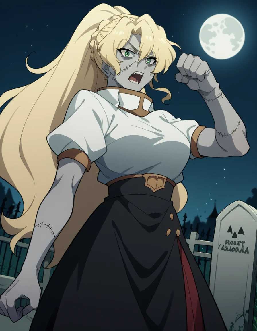 score_9, score_8_up, score_7_up, source_anime, <lora:alicetaria-february-s1-ponyxl-lora-nochekaiser:1>, alicetaria february, long hair, green eyes, blonde hair, ponytail, braid, large breasts,, <lora:zombie-ponyxl-lora-nochekaiser:1>, zombie, colored skin, stitches, grey skin, multicolored skin, stitched face, zombie pose, halloween, halloween costume,, night, moon, graveyard, tombstone, grave, open mouth, , dutch angle, cowboy shot